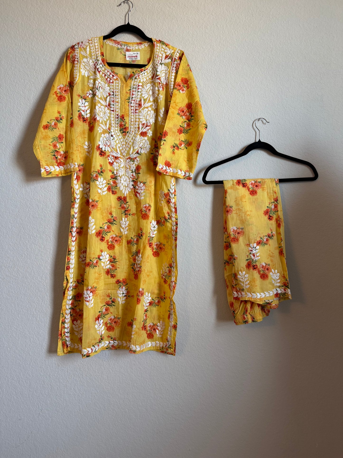 Yellow Floral Printed Cotton Chikankari Coord Set - Top with Palazzo