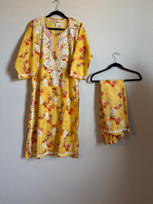 Yellow Floral Printed Cotton Chikankari Coord Set - Top with Palazzo