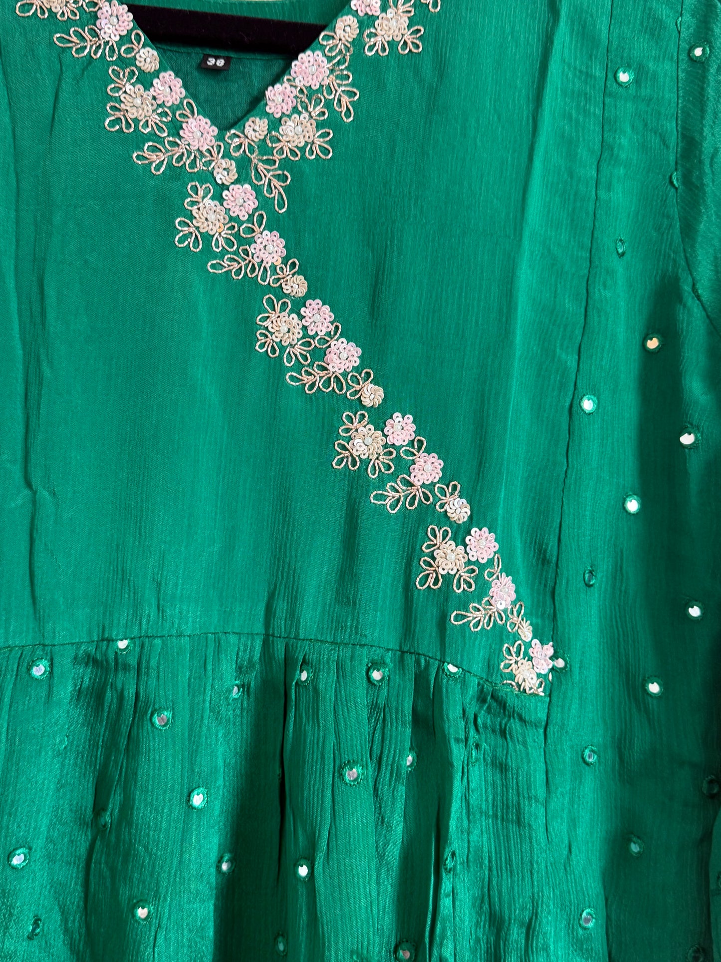 Green chinnon mirror maggam work tunic