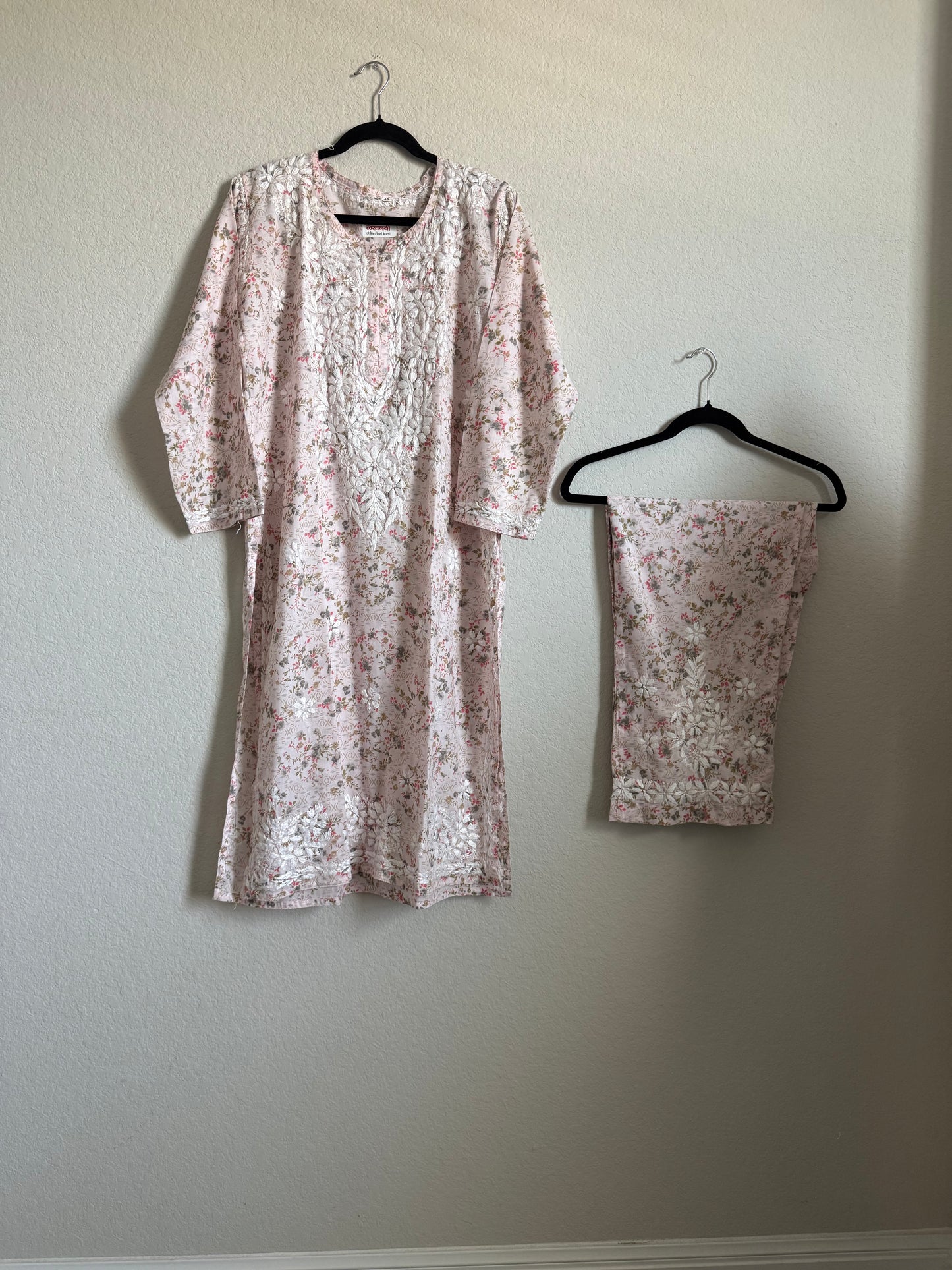 Pinkish Red Floral Printed Cotton Chikankari Coord Set - Top with Palazzo