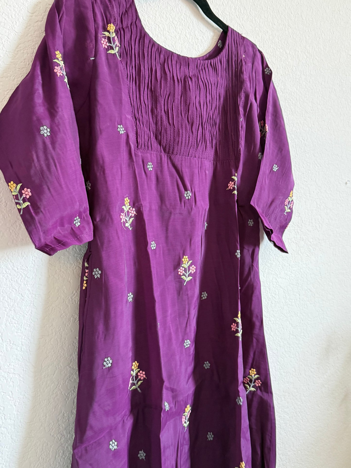 Wine Floral Embroidered Mul Chanderi A-line Kurti