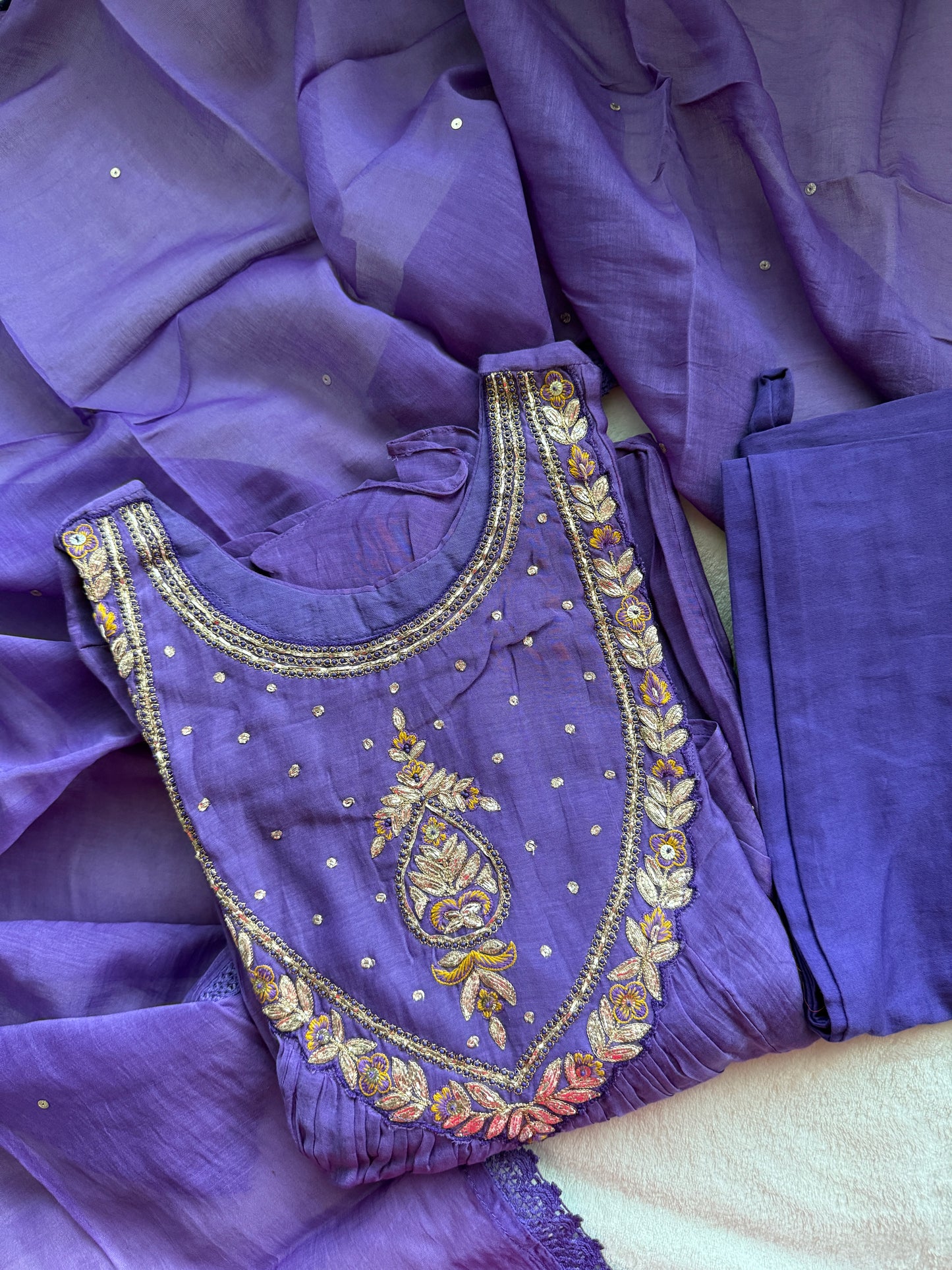 Purple mul chanderi designer A-line kurti set