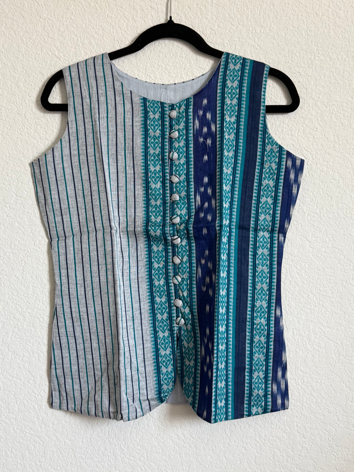 Gray and Blue Cotton Ikkath Sleeveless Short Top