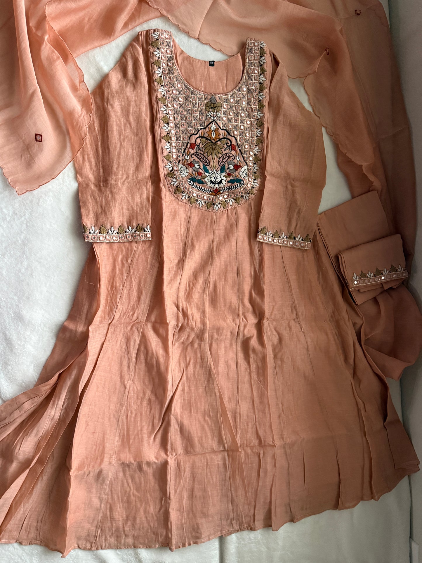 Peach shade pure mul chanderi embroidered anarkali set