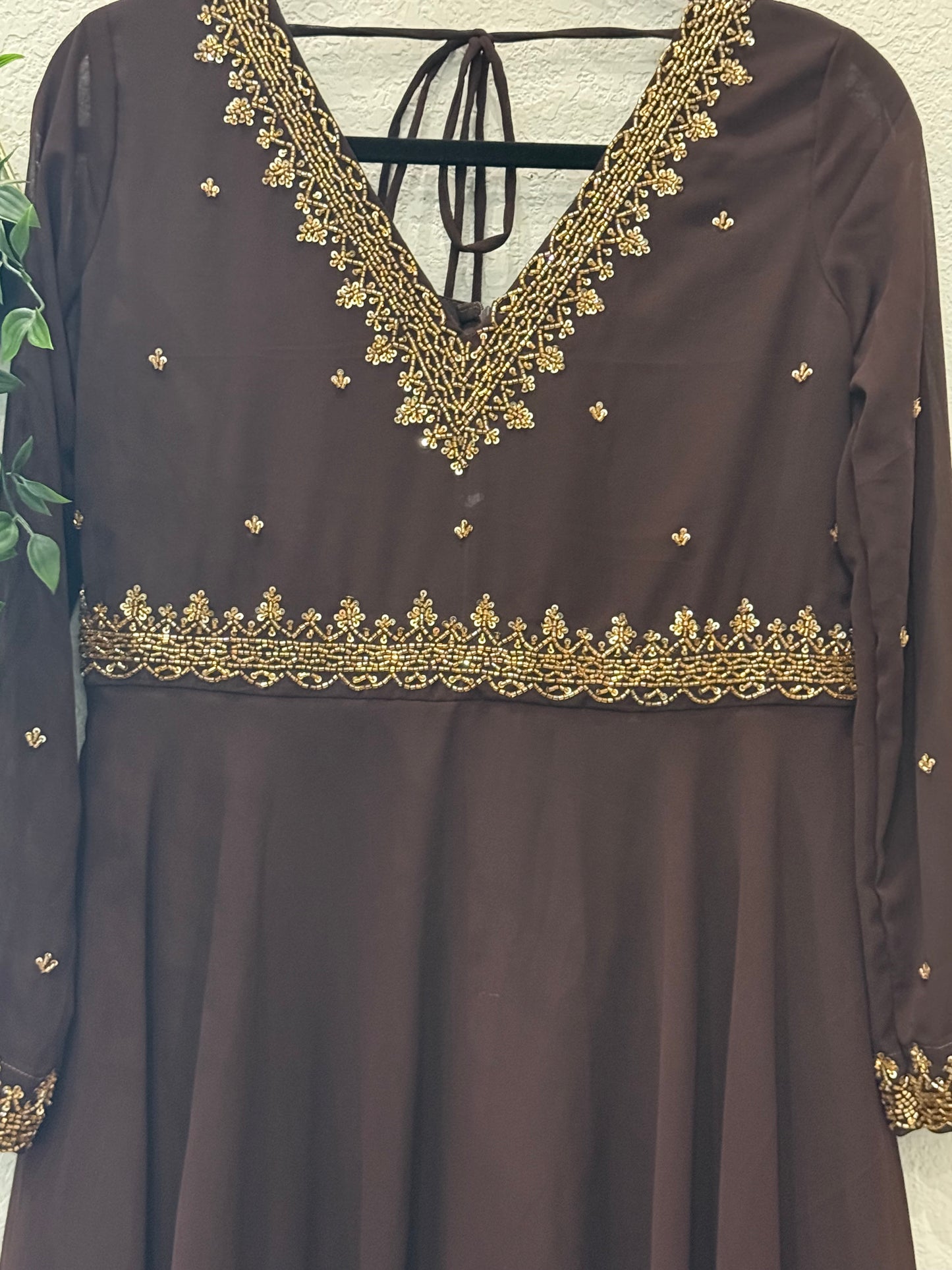 Brown georgette maggam work heavy flared anarkali tunic