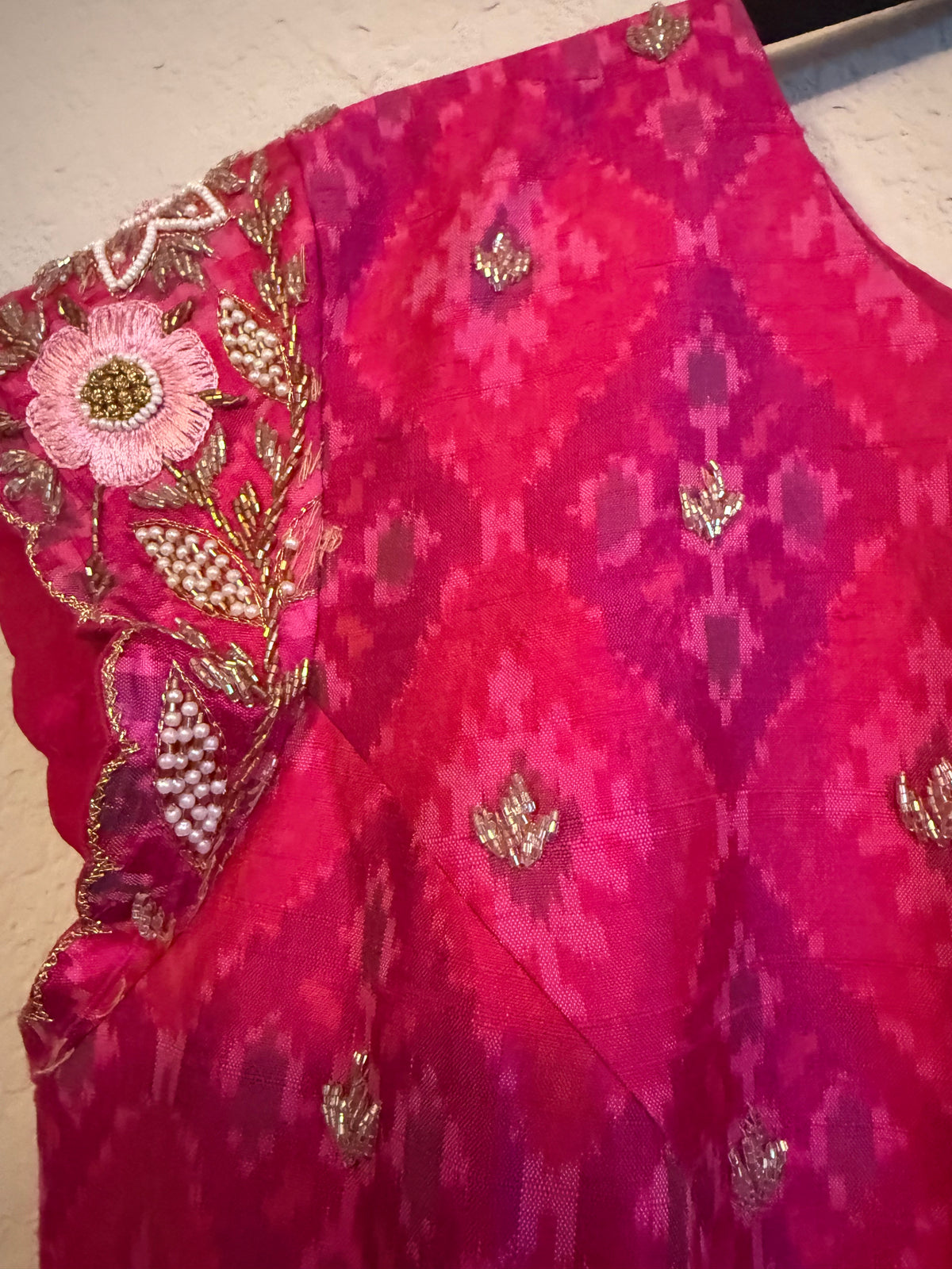 Pink Raw Silk Ikkath Maggam Work Designer Long Dress with Short Sleeve