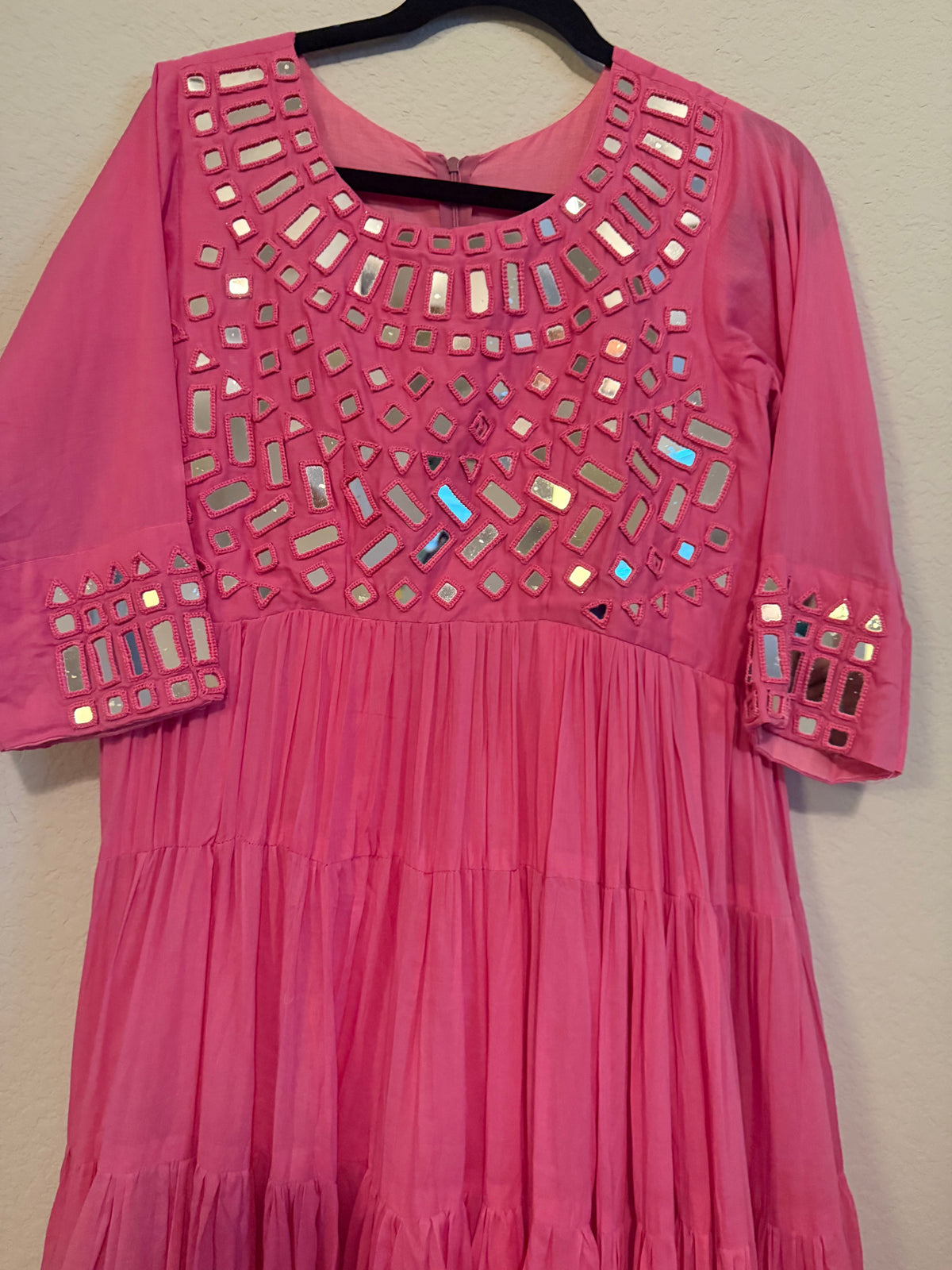 Pink Mirror Work Heavy Flared Anarkali Long Dress