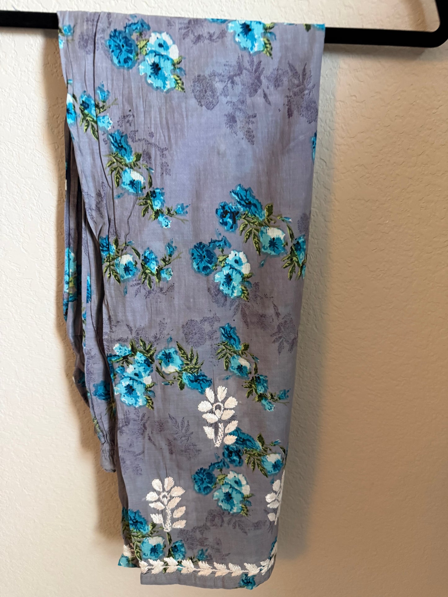 Gray Floral Printed Cotton Chikankari Coord Set - Top with Palazzo