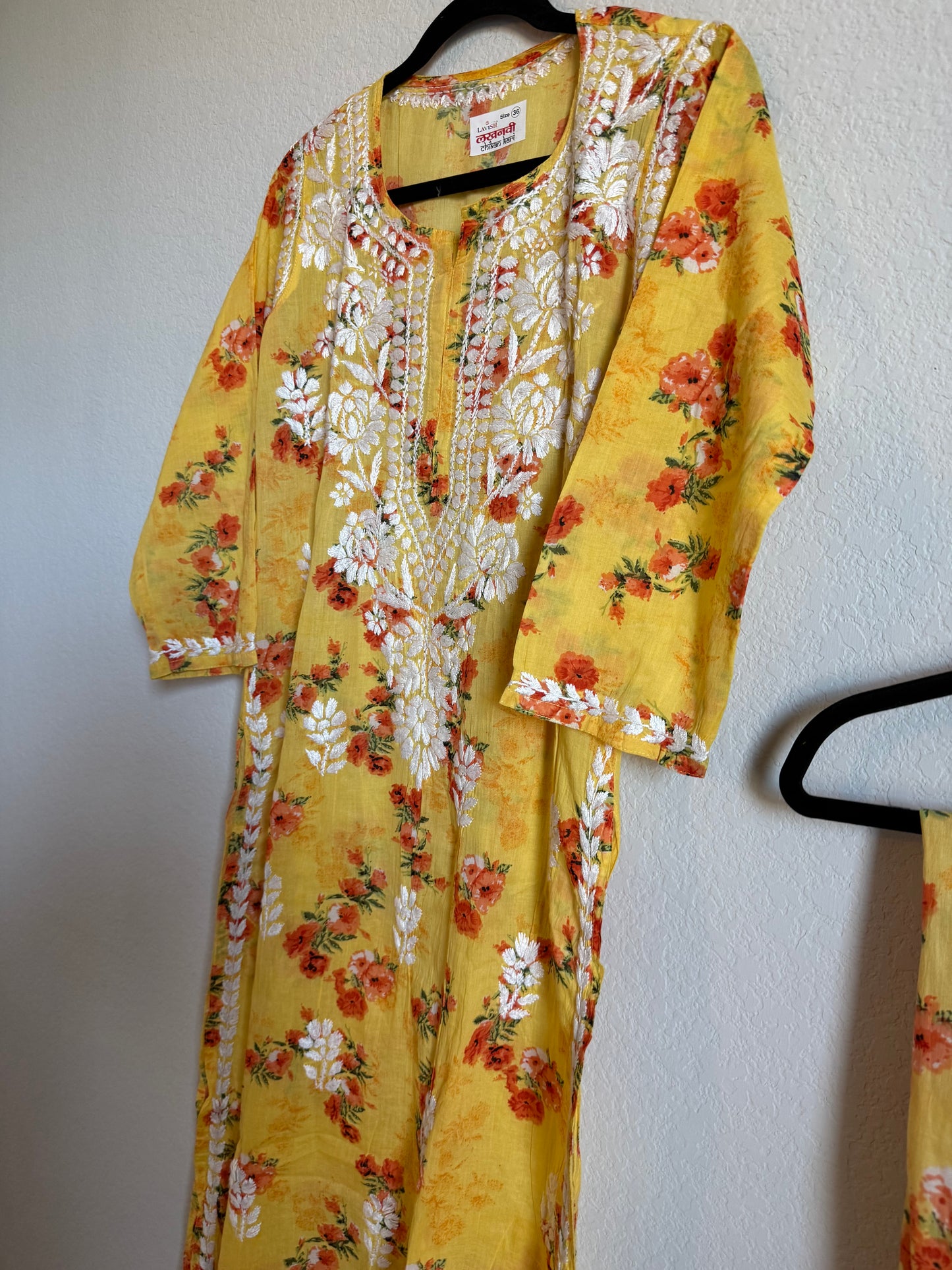 Yellow Floral Printed Cotton Chikankari Coord Set - Top with Palazzo