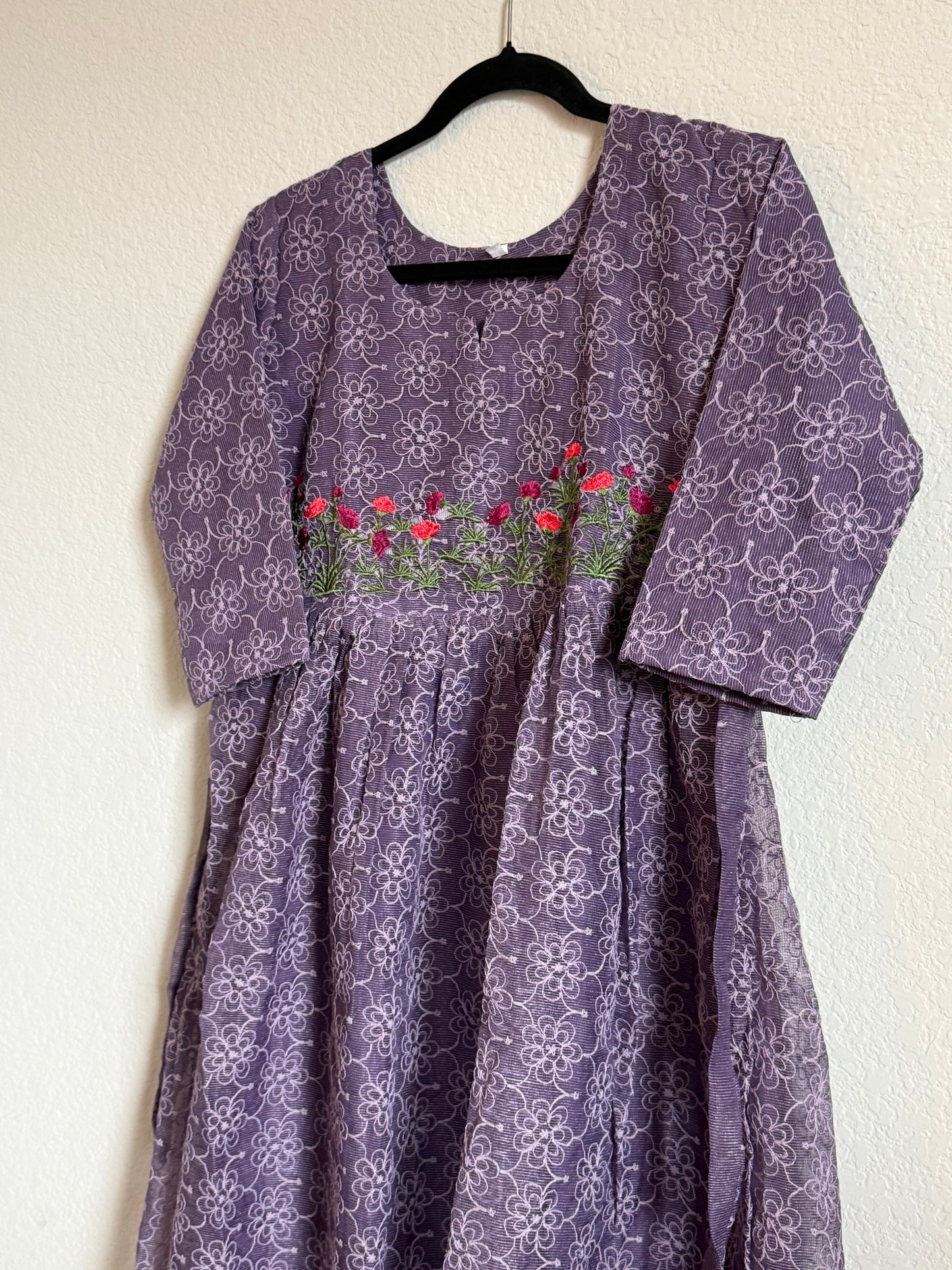 Purple Net Kota Embroidered Frock