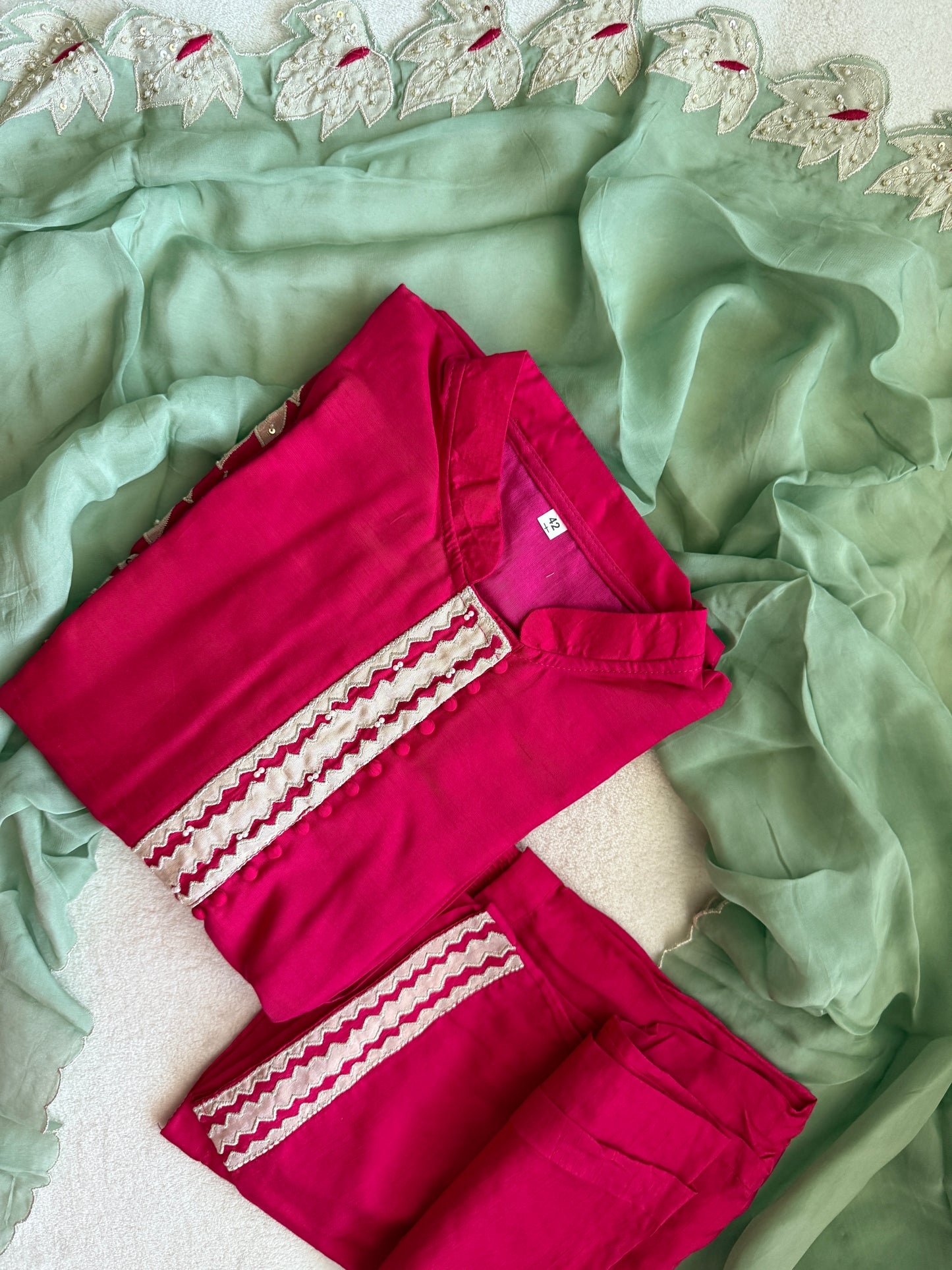 Pink applique straight cut kurti set with mint green applique cut work dupatta