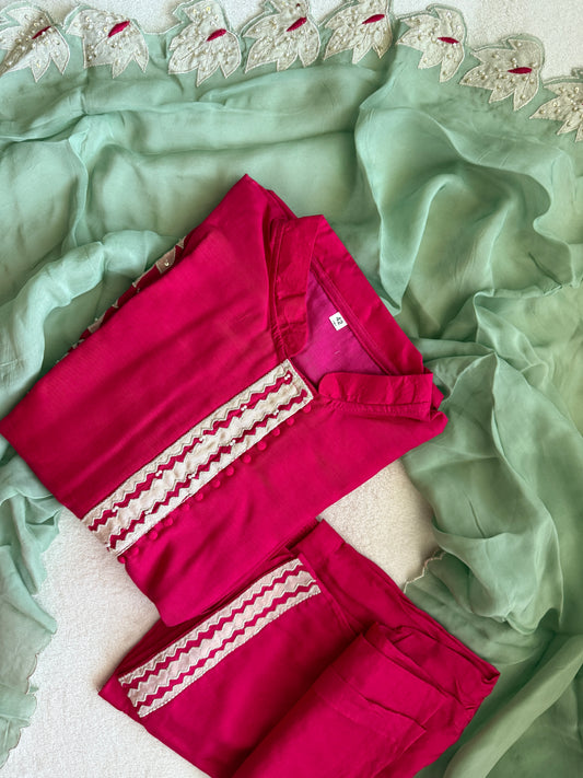 Pink applique straight cut kurti set with mint green applique cut work dupatta