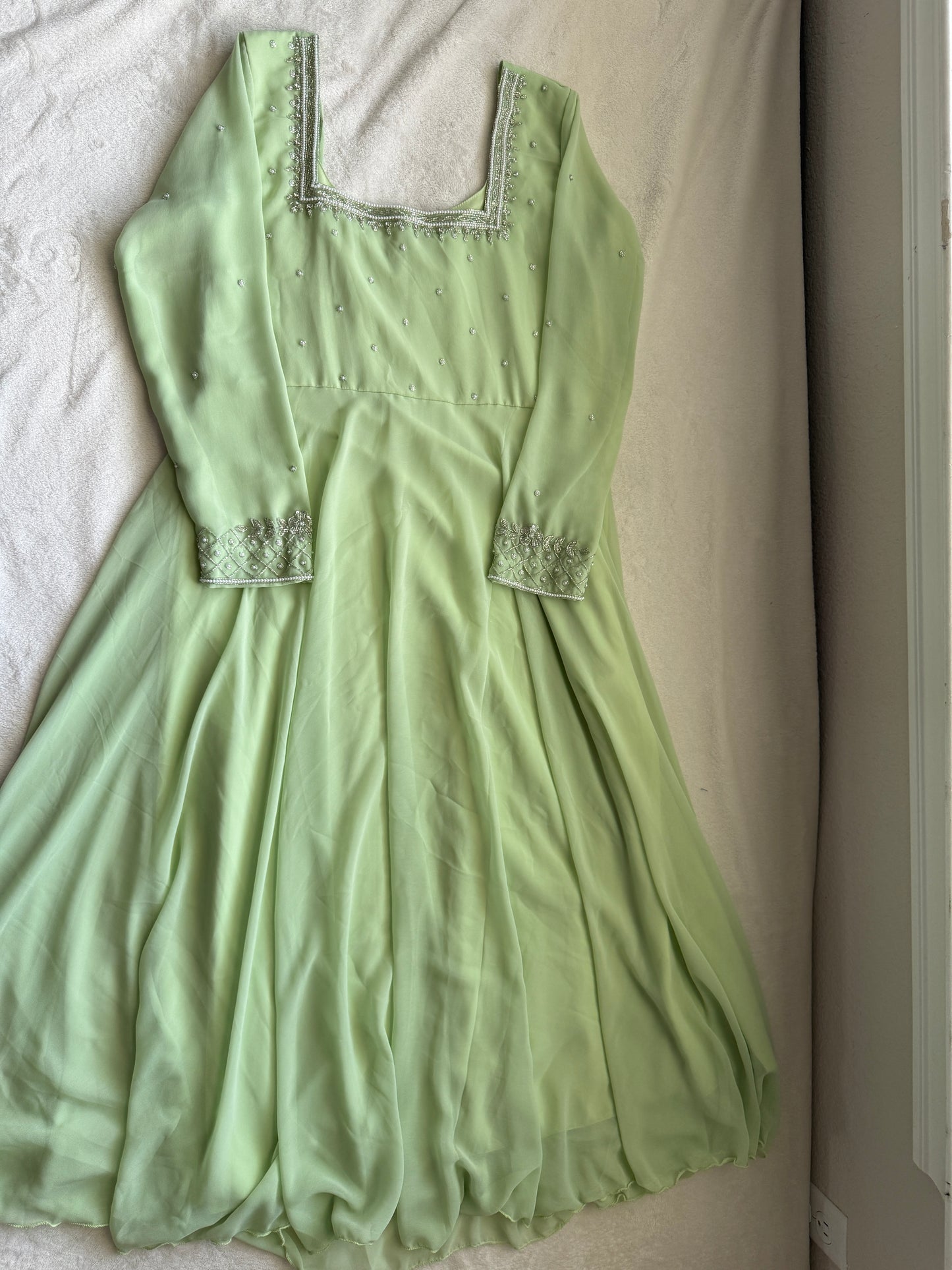 Pista green maggam work georgette heavy flare anarkali tunic