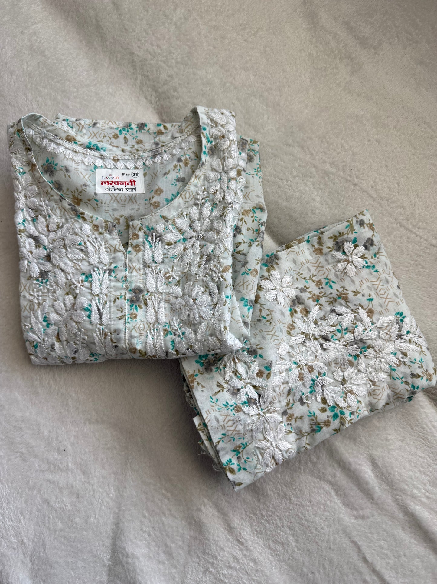 Green Floral Printed Cotton Chikankari Coord Set - Top with Palazzo