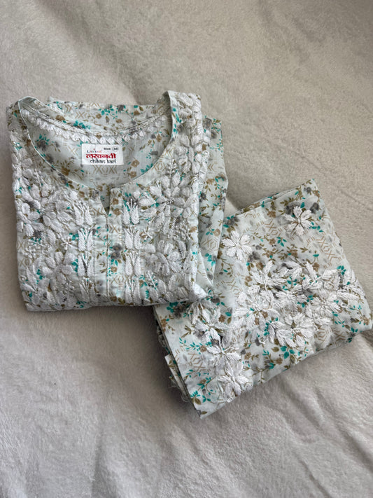 Green Floral Printed Cotton Chikankari Coord Set - Top with Palazzo