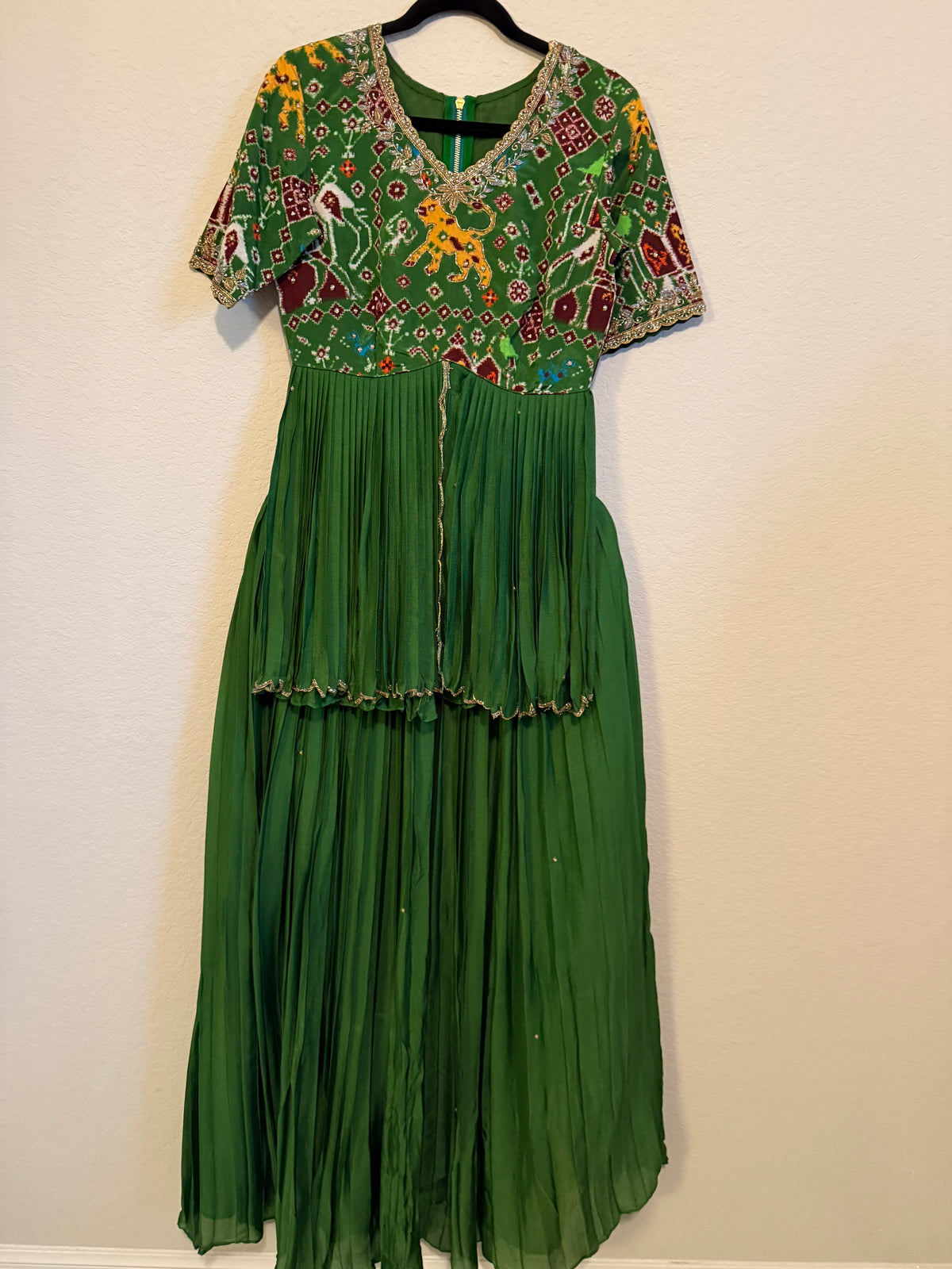 Green Pure Patola Peplum Top with Skirt Set
