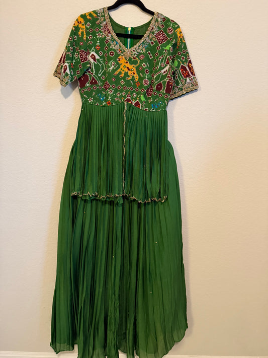 Green Pure Patola Peplum Top with Skirt Set