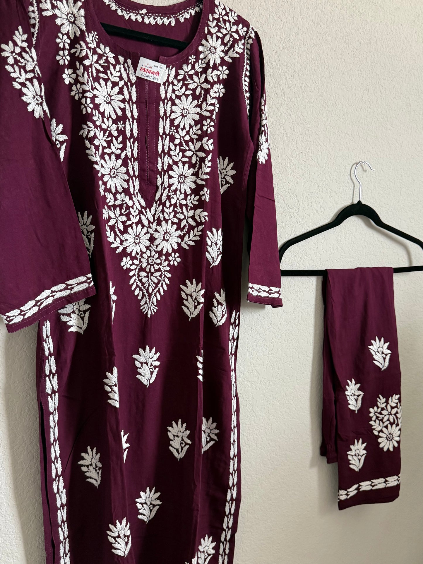 Wine Rayon Chikankari Coord Set - Top with Palazzo