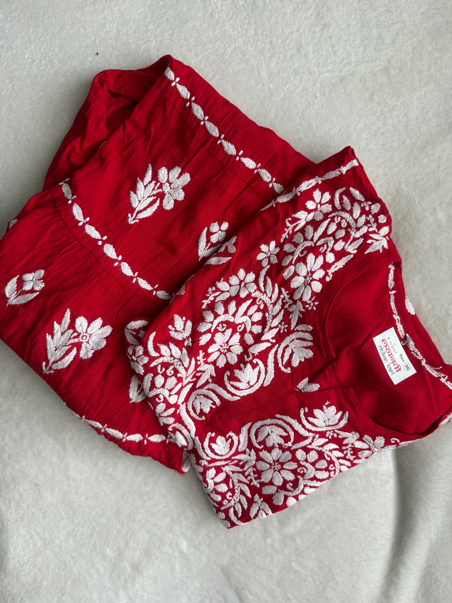 Red Rayon Chikankari Gharara Set - Top with Gharara Pant