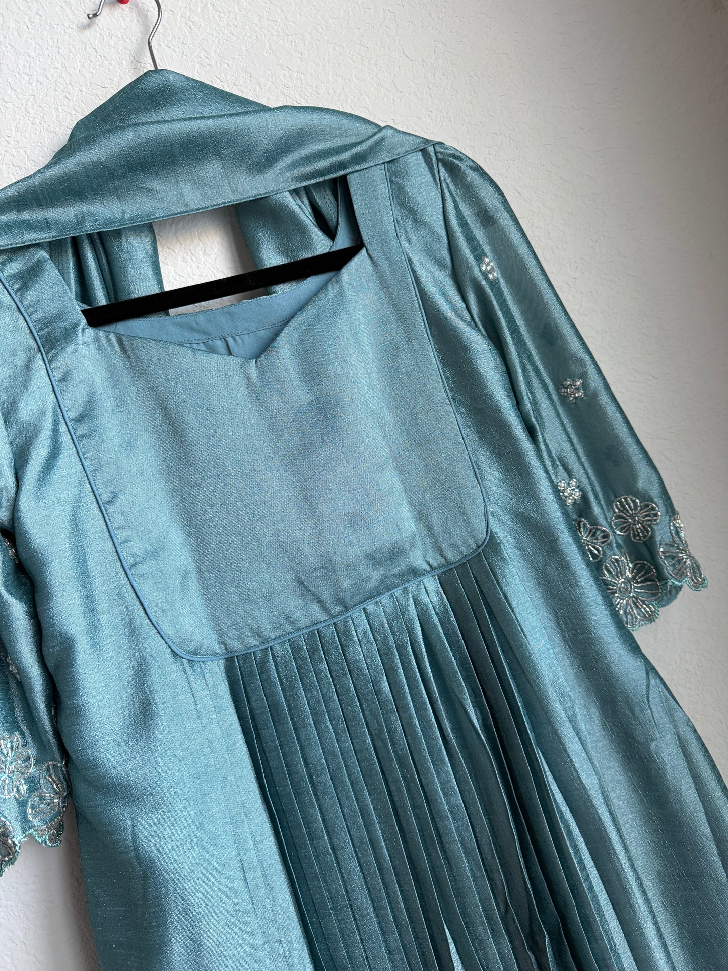 Green shade blooming silk handwork pleated anarkali set