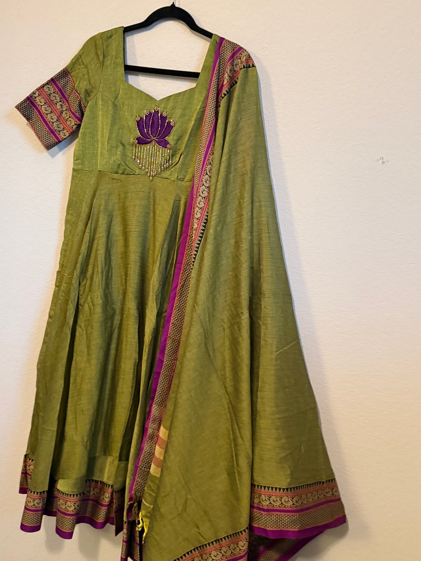 Green Narayanpet Maggam Work Anarkali with Dupatta