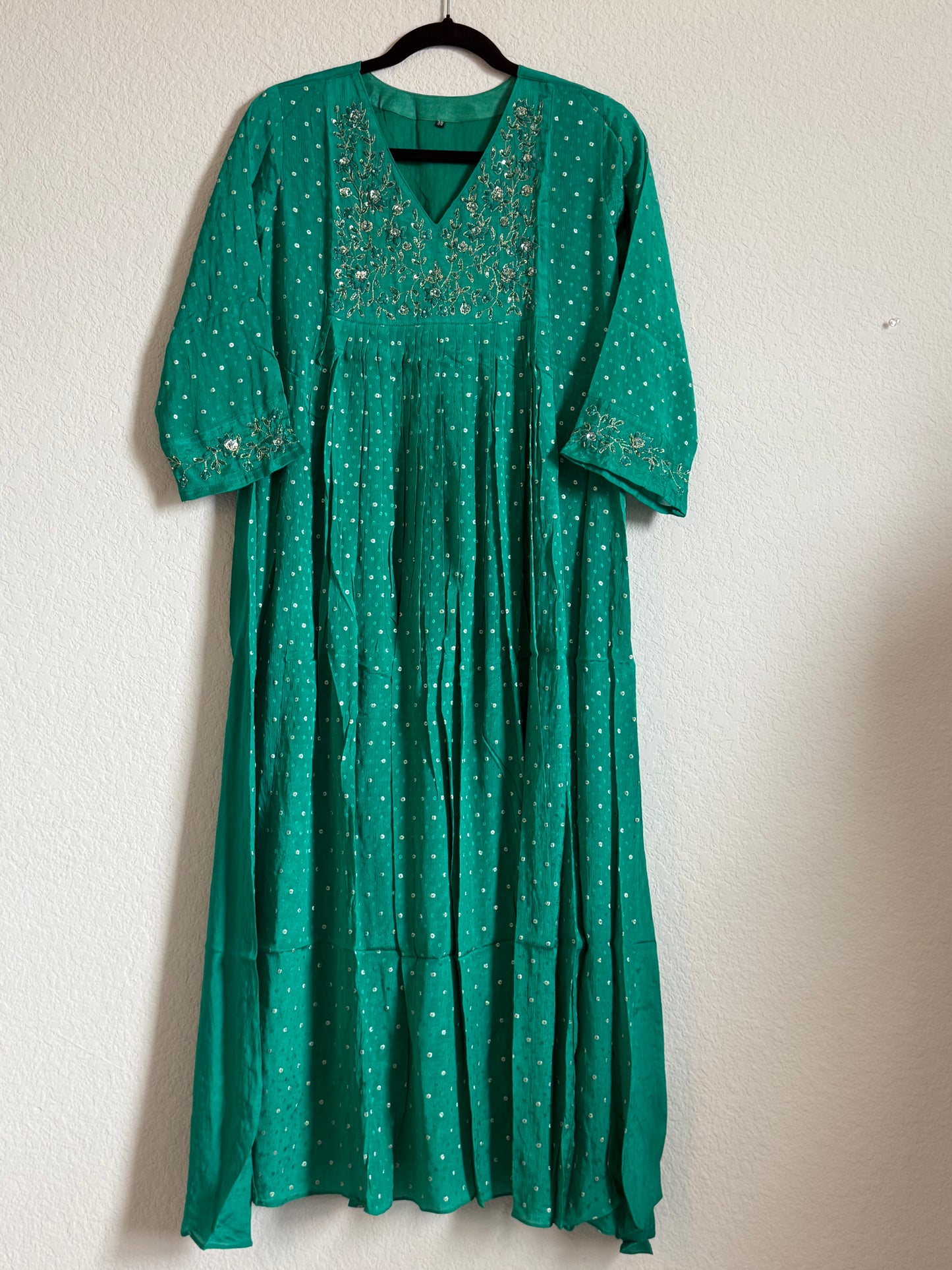 Green Chinnon Maggam Work Flowy Tunic