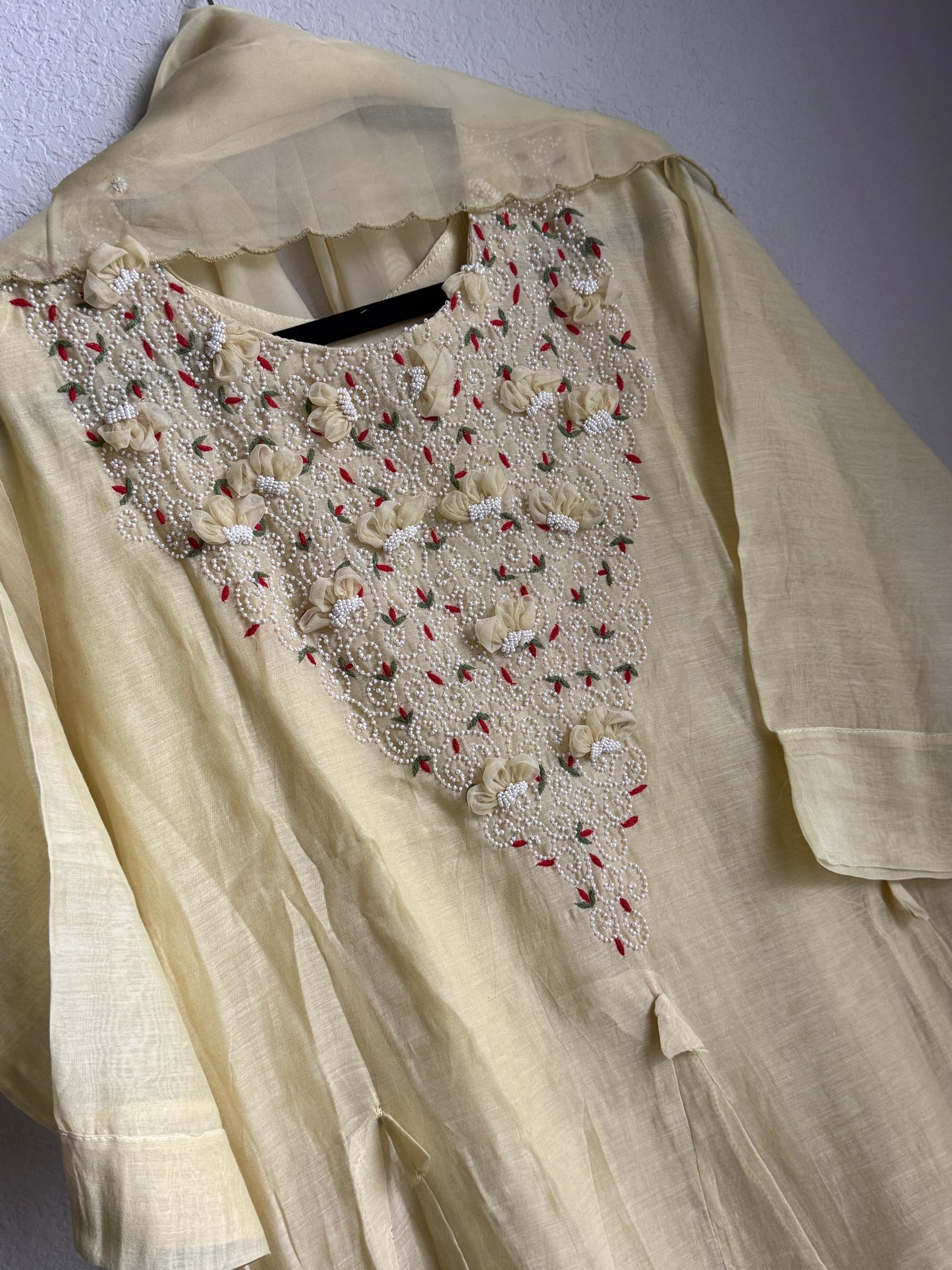 Pastel Yellow Mul Chanderi Kurti Set with Pearl Work and Organza Dupatta – Festive Indian Designer Suit