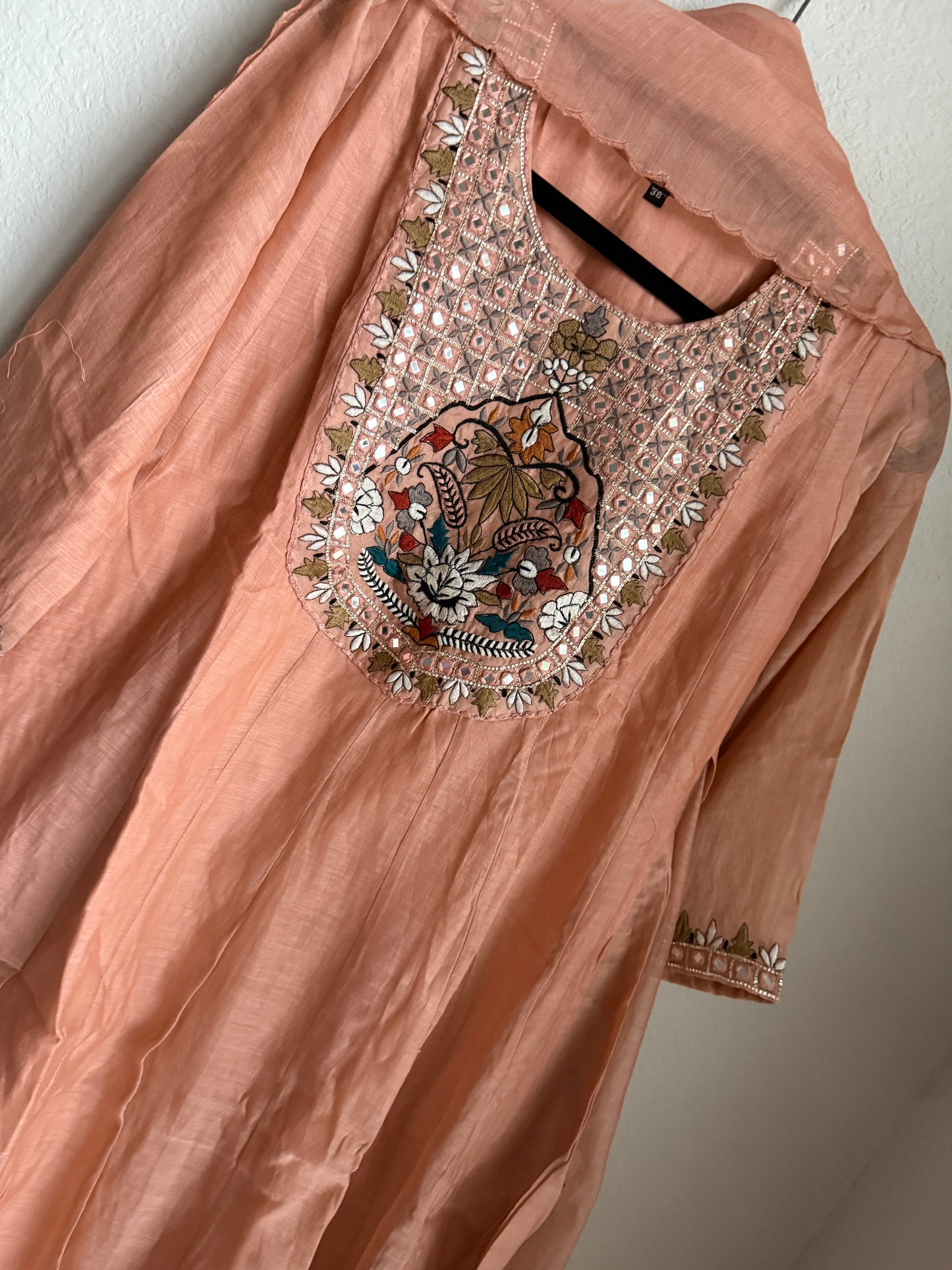Peach shade pure mul chanderi embroidered anarkali set