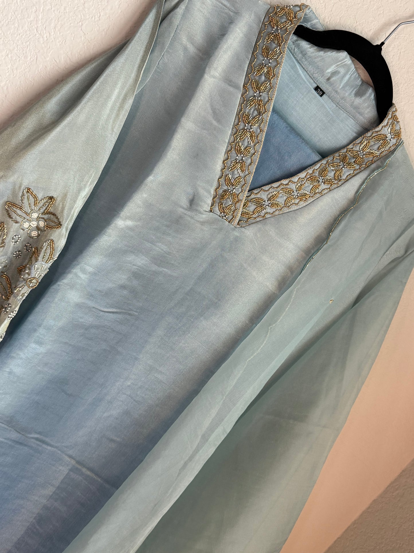 Sea blue pure tissue handwork A-line suit set with a beatiful sleeve detailing