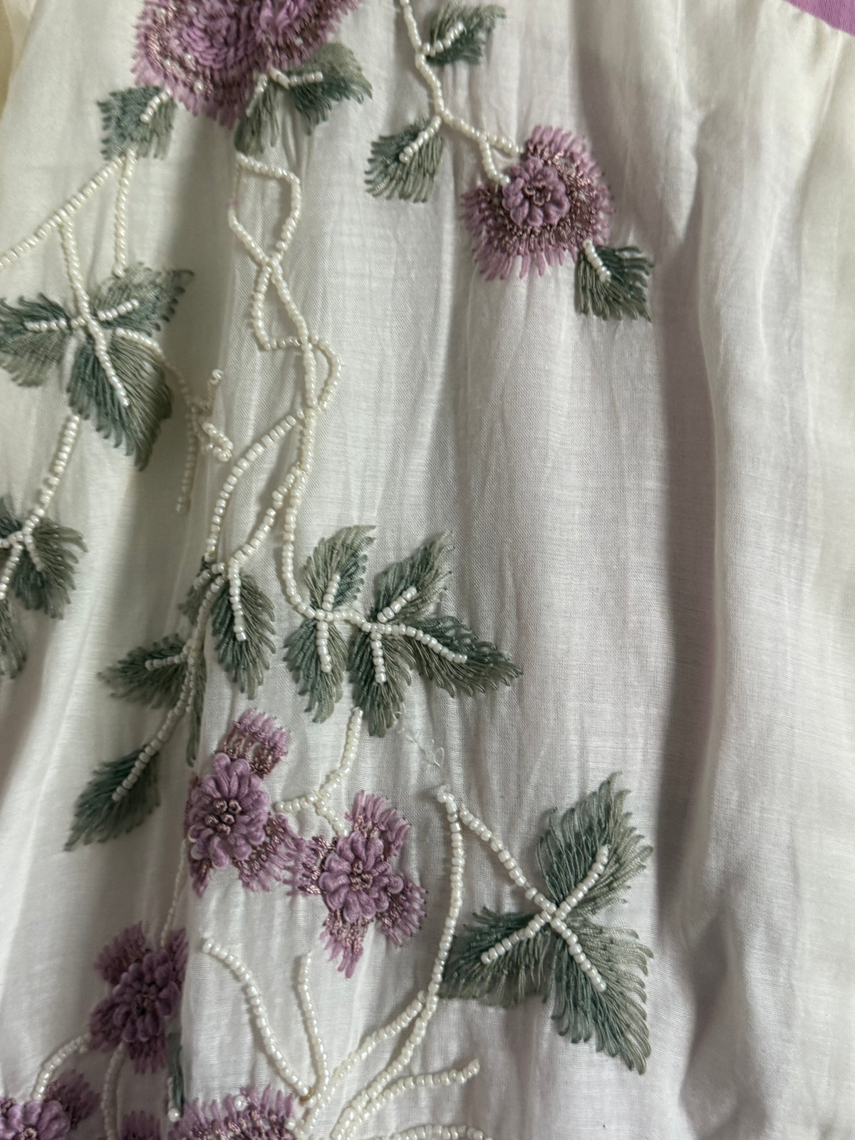 Half white and light pink mul chanderi handwork aline suit