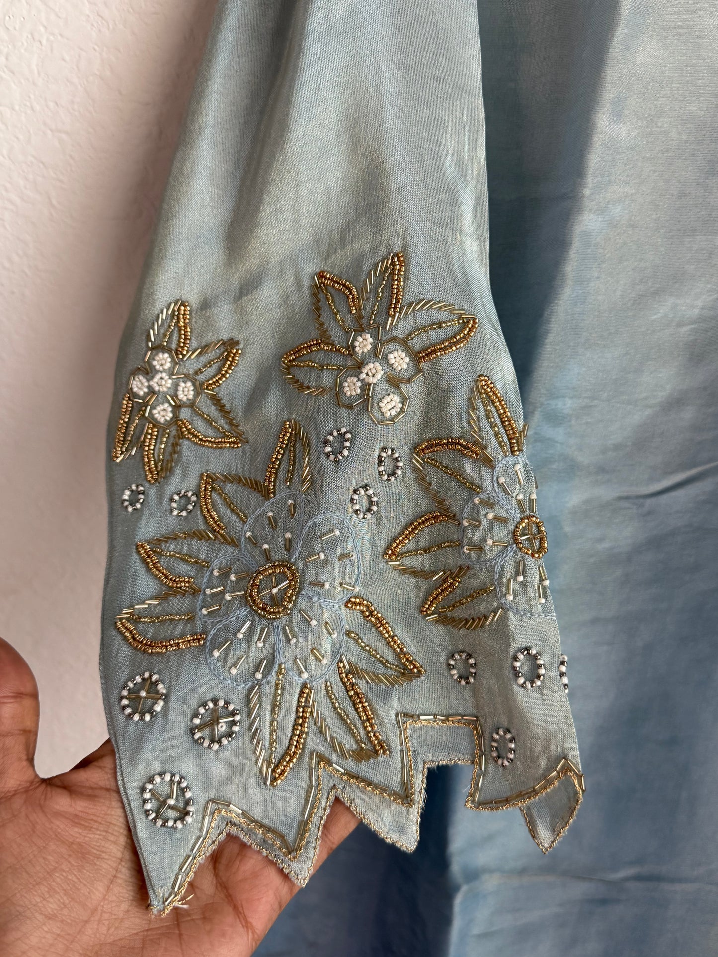 Sea blue pure tissue handwork A-line suit set with a beatiful sleeve detailing