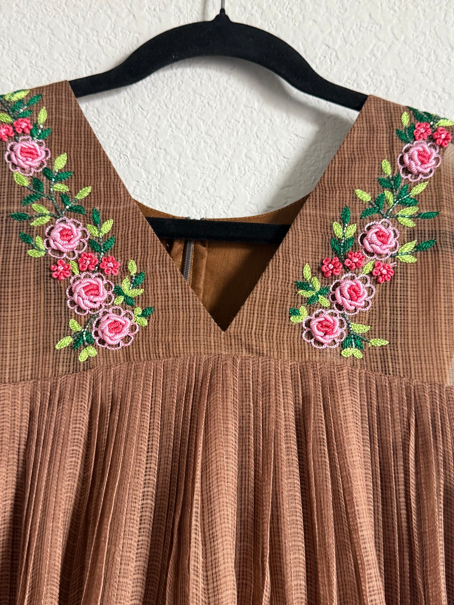 Brown Kota Sleeveless Maggam Work Dress