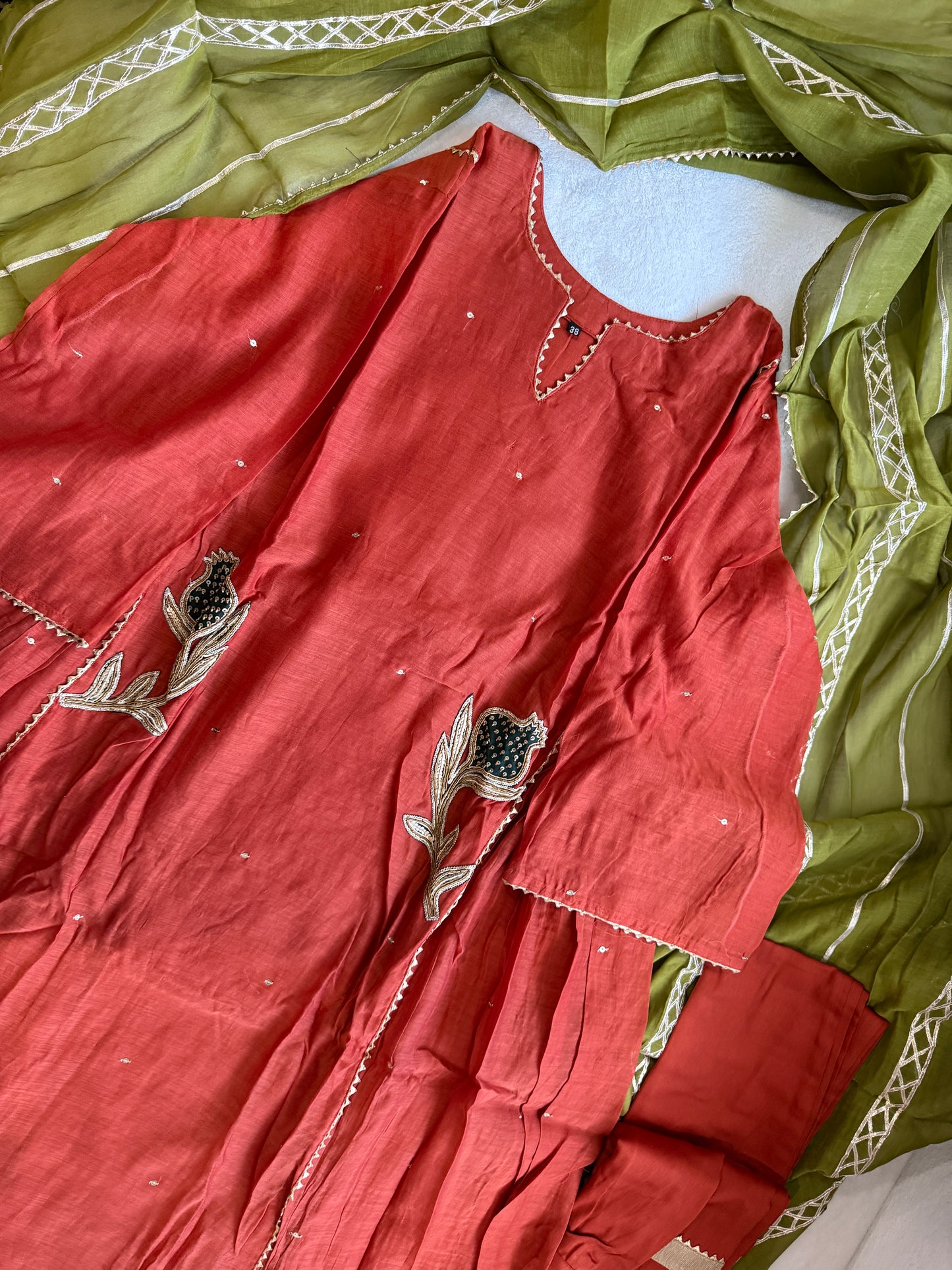 Rust orange mul chanderi kurti set with mehendi green dupatta