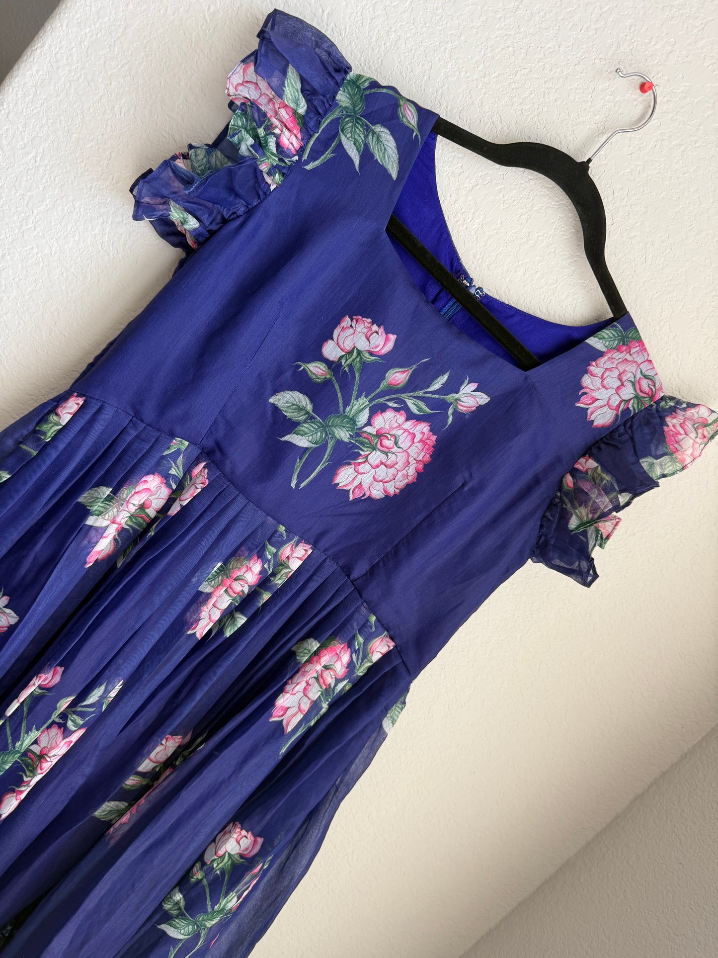 Purple floral chanderi midi dress