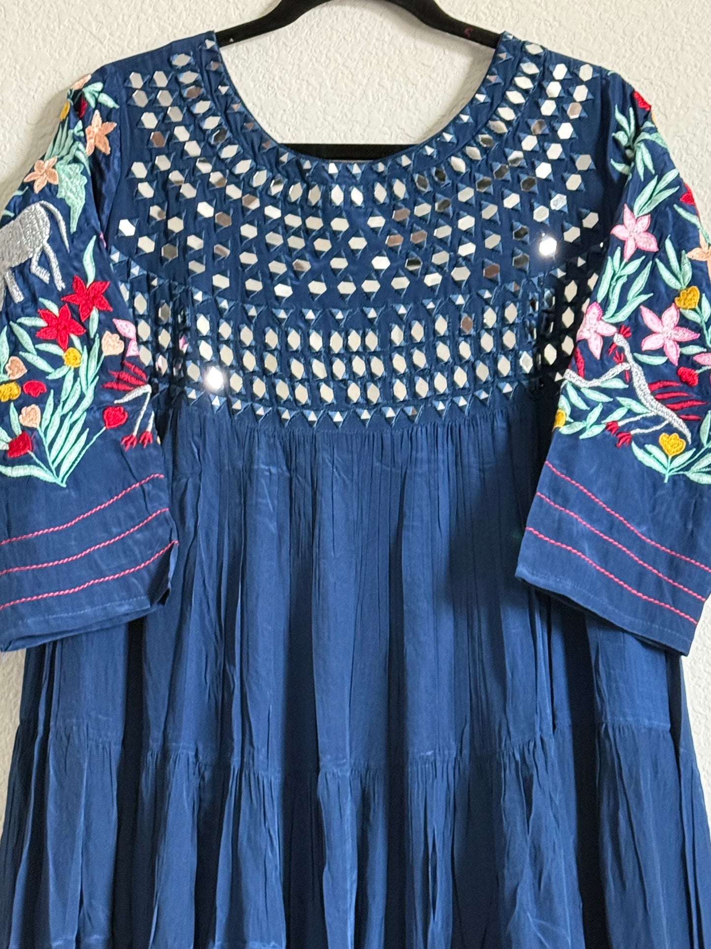 Navy Blue Heavy mirror work chinnon embroidered gown