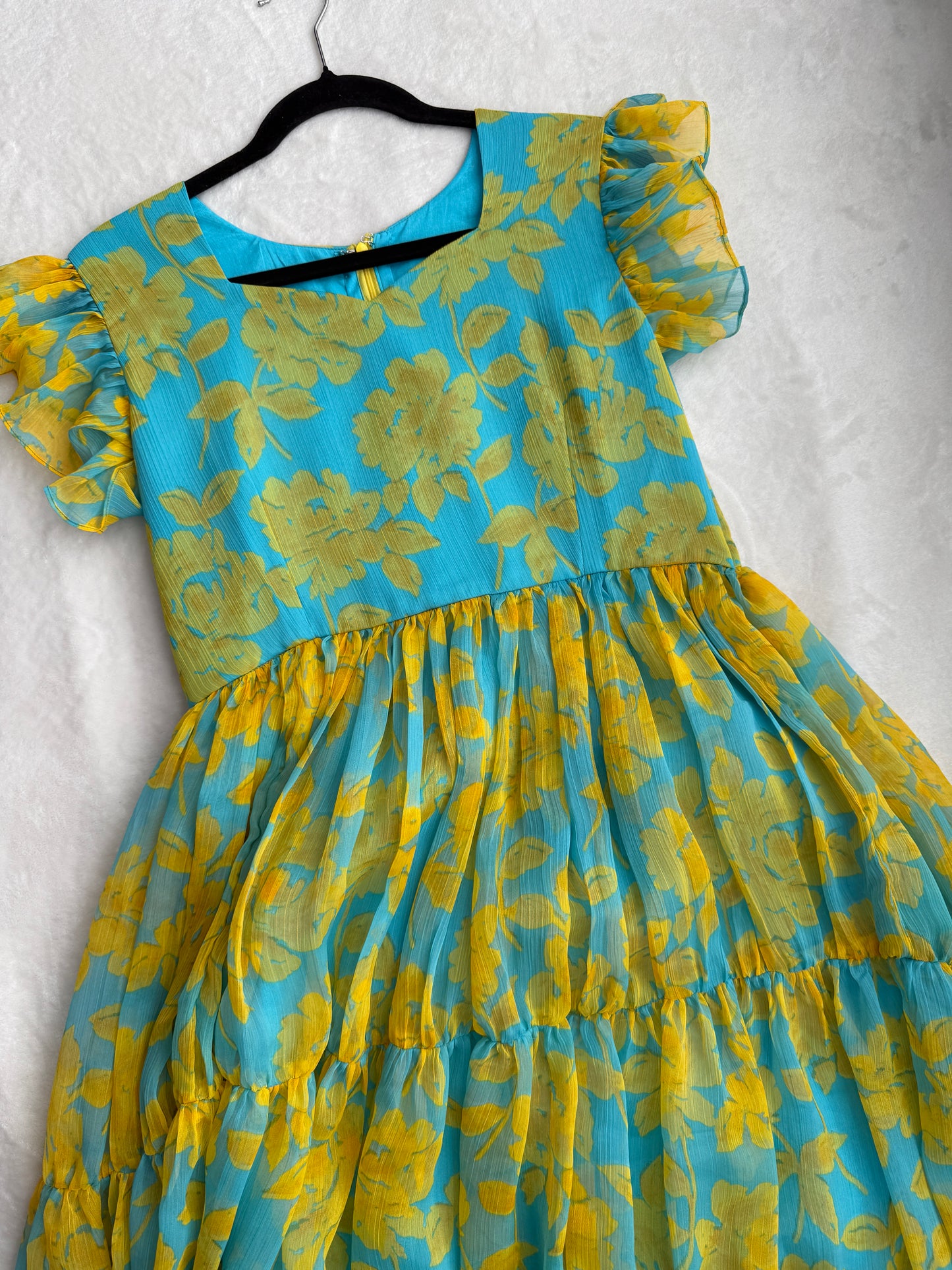 Teal blue and yellow floral chiffon midi dress