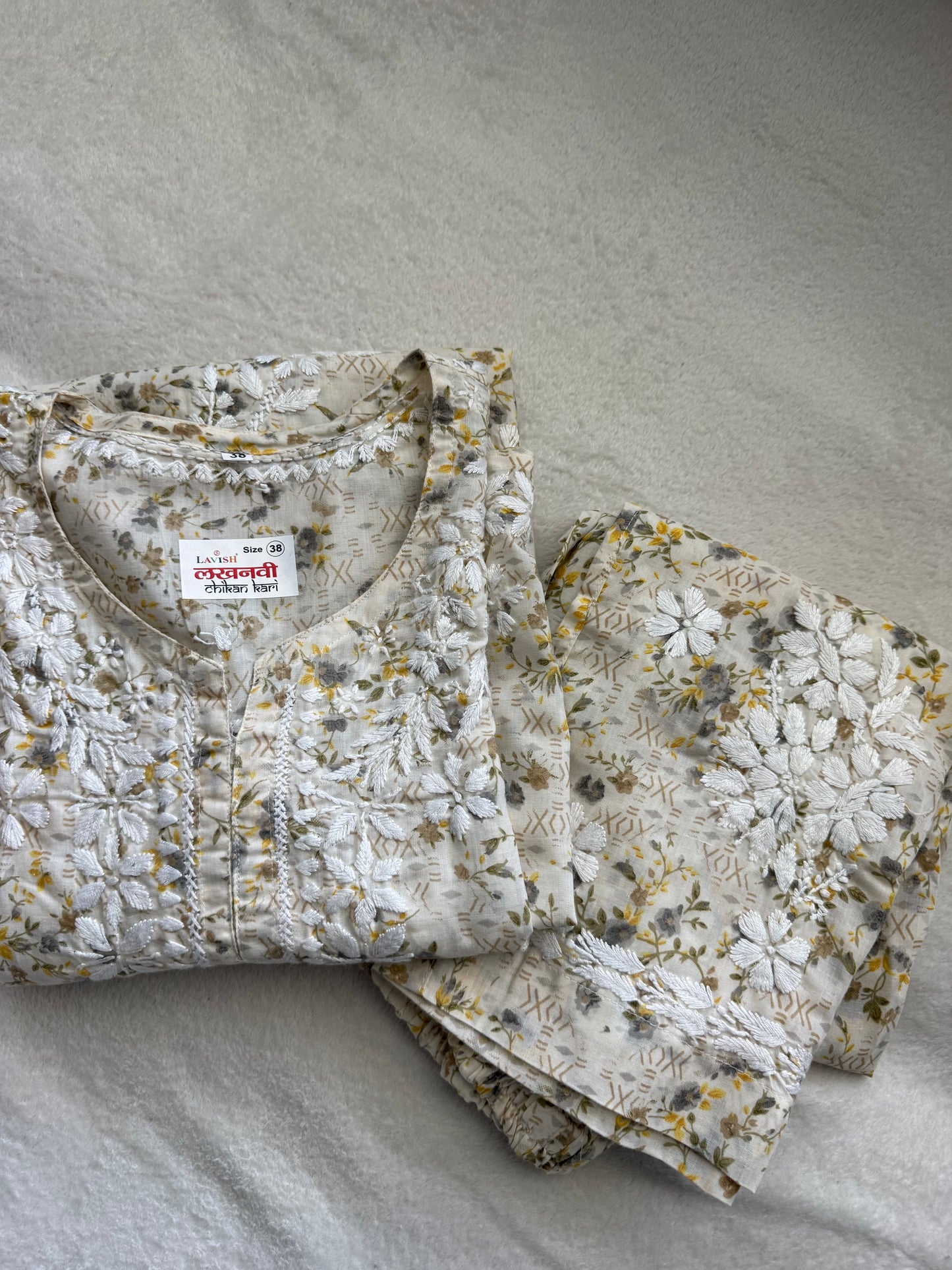 Yellow Floral Printed Cotton Chikankari Coord Set - Top with Palazzo