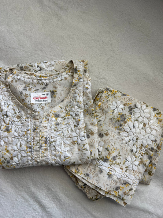 Yellow Floral Printed Cotton Chikankari Coord Set - Top with Palazzo
