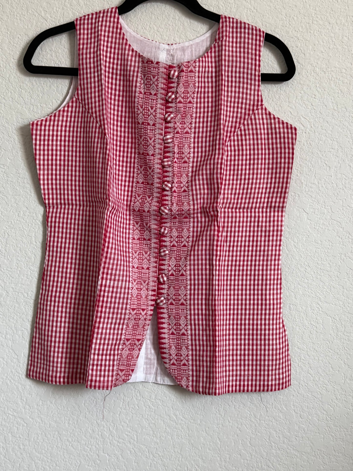 Red Cotton Checks Sleeveless Short Top
