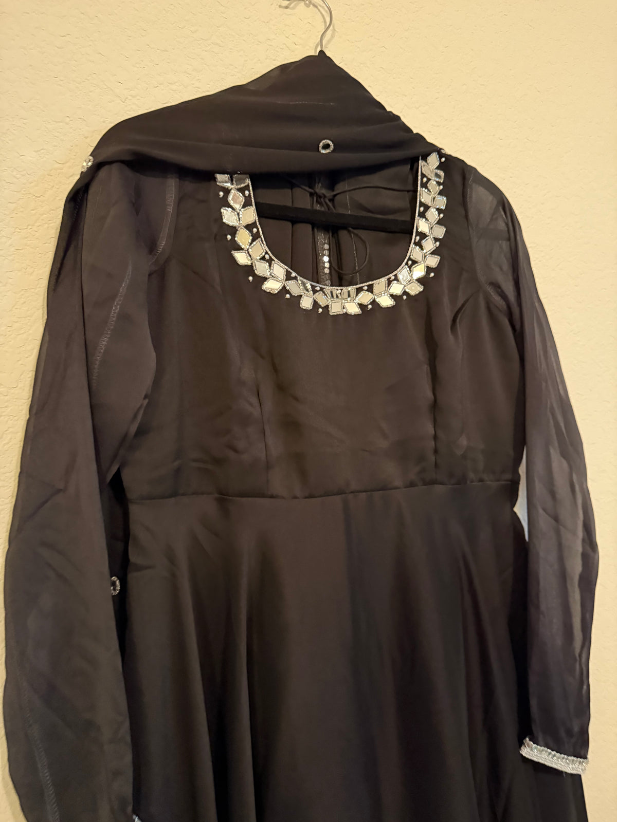Black Mirror Work Georgette Heavy Flared Anarkali Set - Top and Dupatta