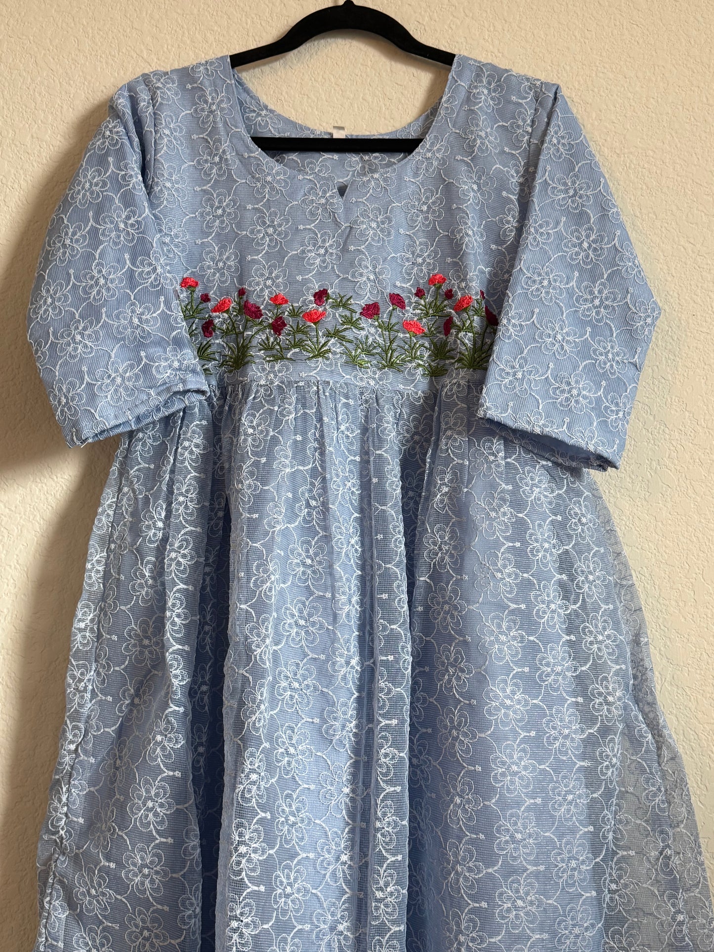 Powder Blue Net Kota Embroidered Frock