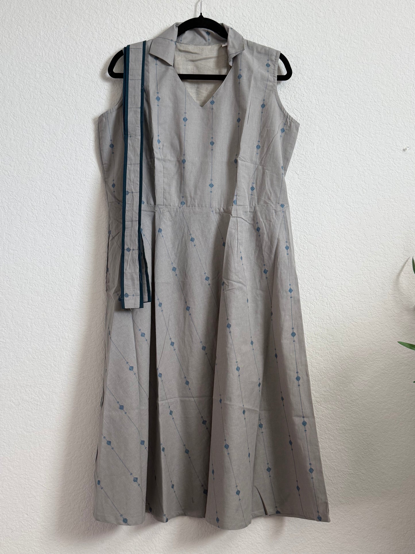 Gray with Blue Sleeveless Cotton Dress with Belt - Sleeves available