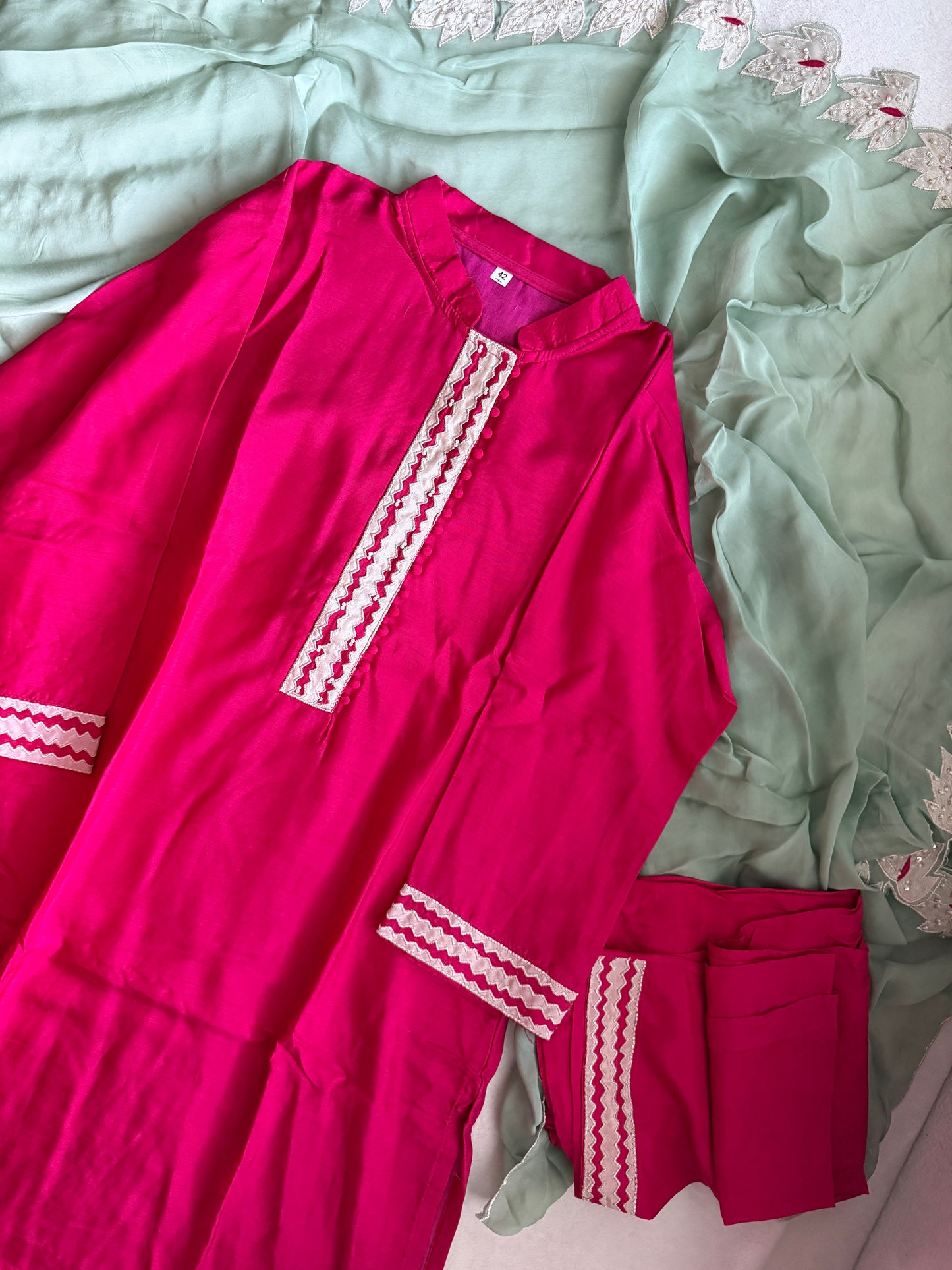 Pink applique straight cut kurti set with mint green applique cut work dupatta