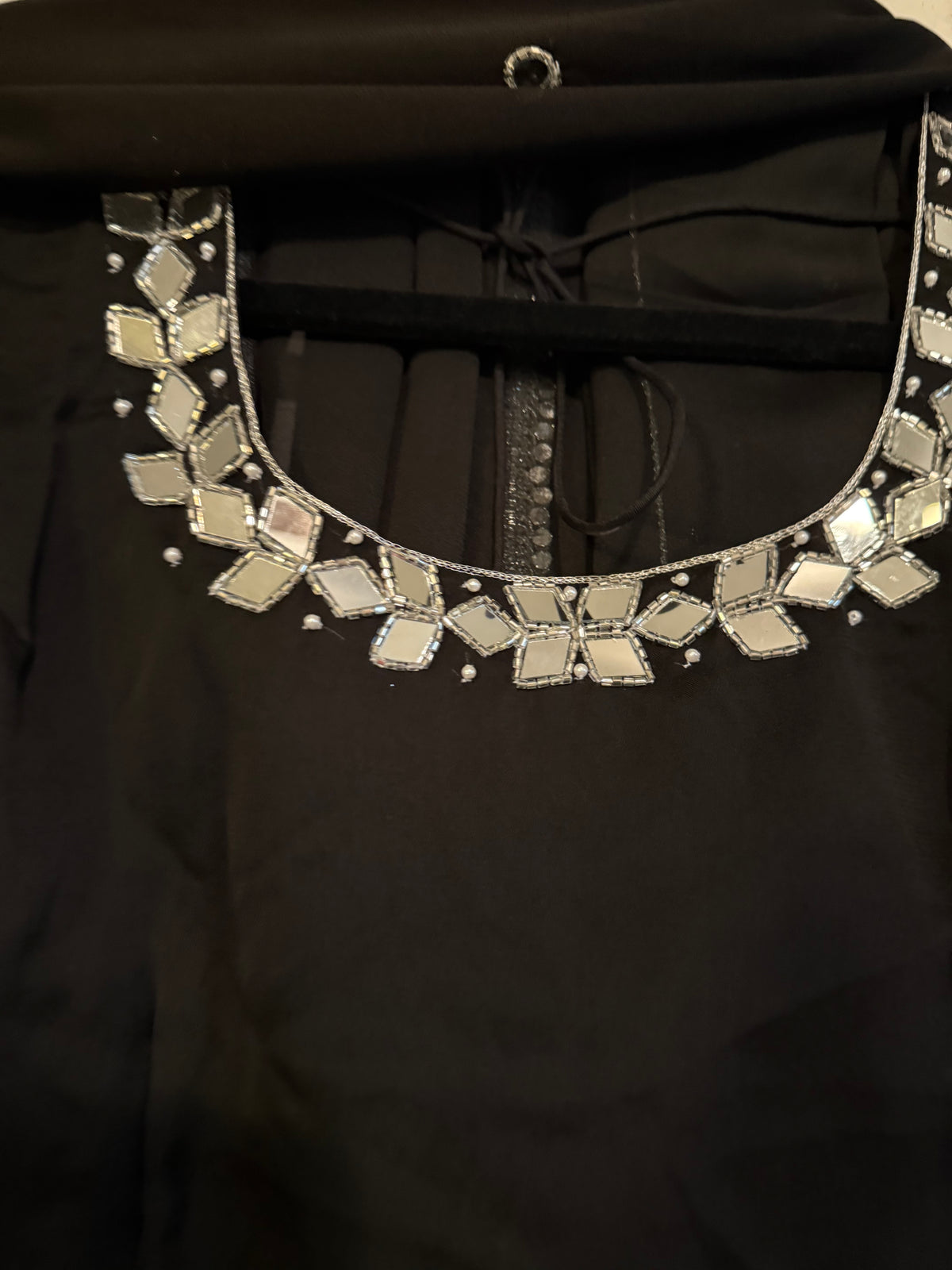 Black Mirror Work Georgette Heavy Flared Anarkali Set - Top and Dupatta