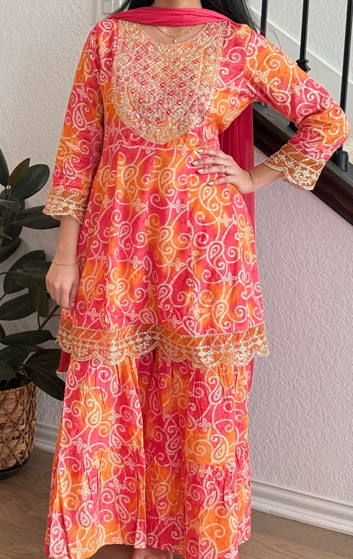 Orange and red bandhini sharara set