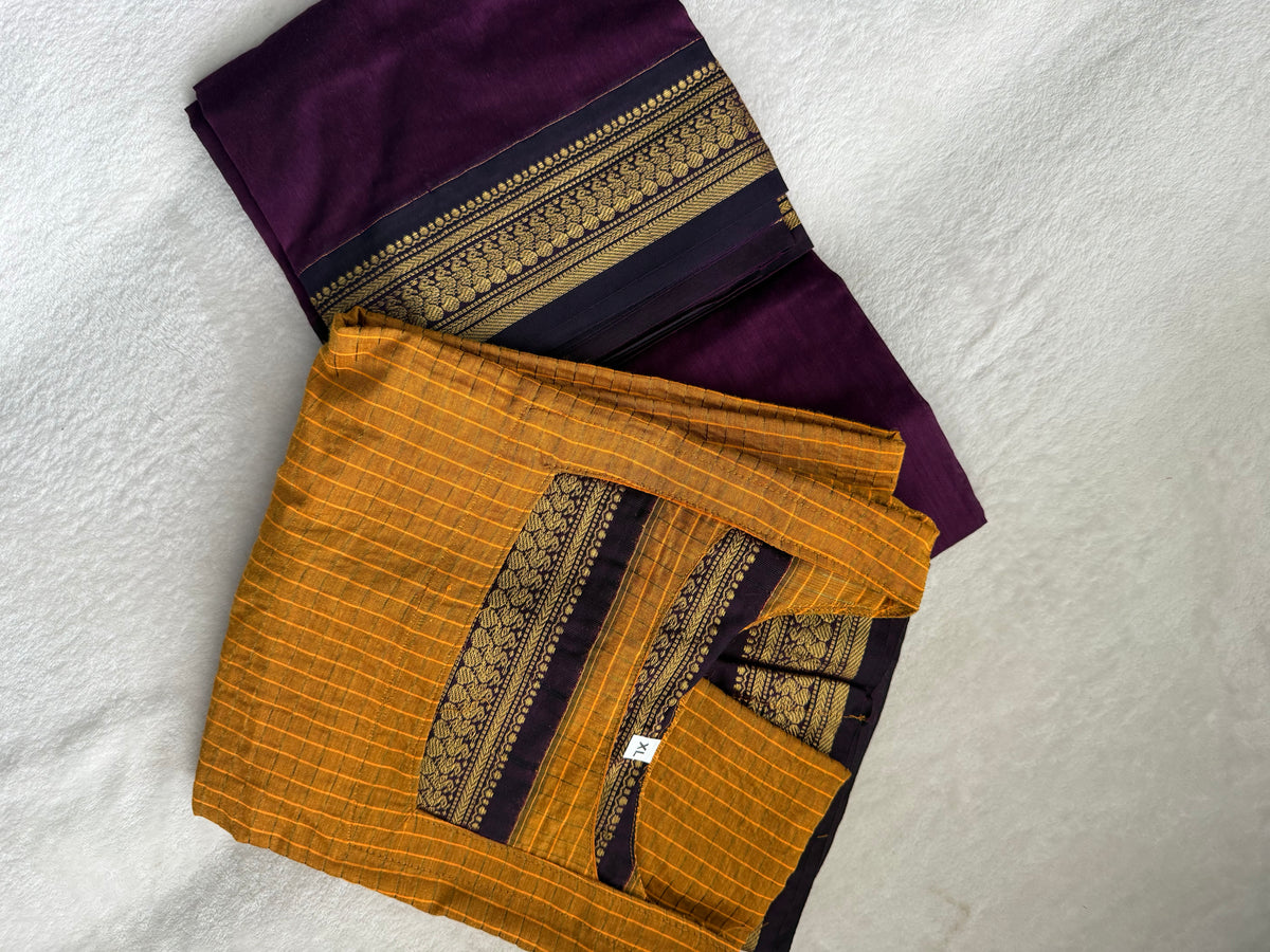 Yellow with Purple Handloom Checks Top and Dupatta Set