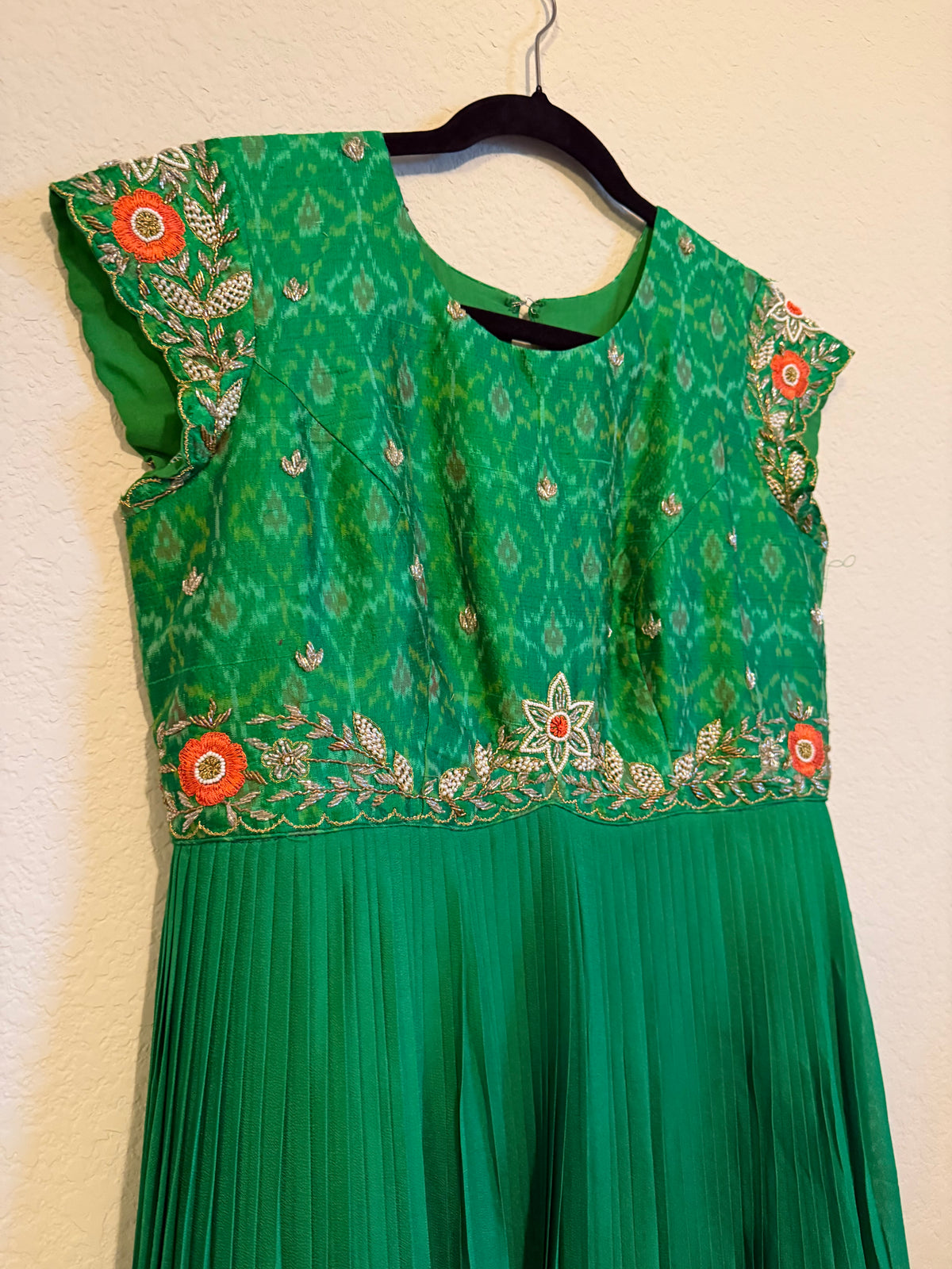 Green Raw Silk Ikkath Maggam Work Designer Long Dress with Short Sleeve