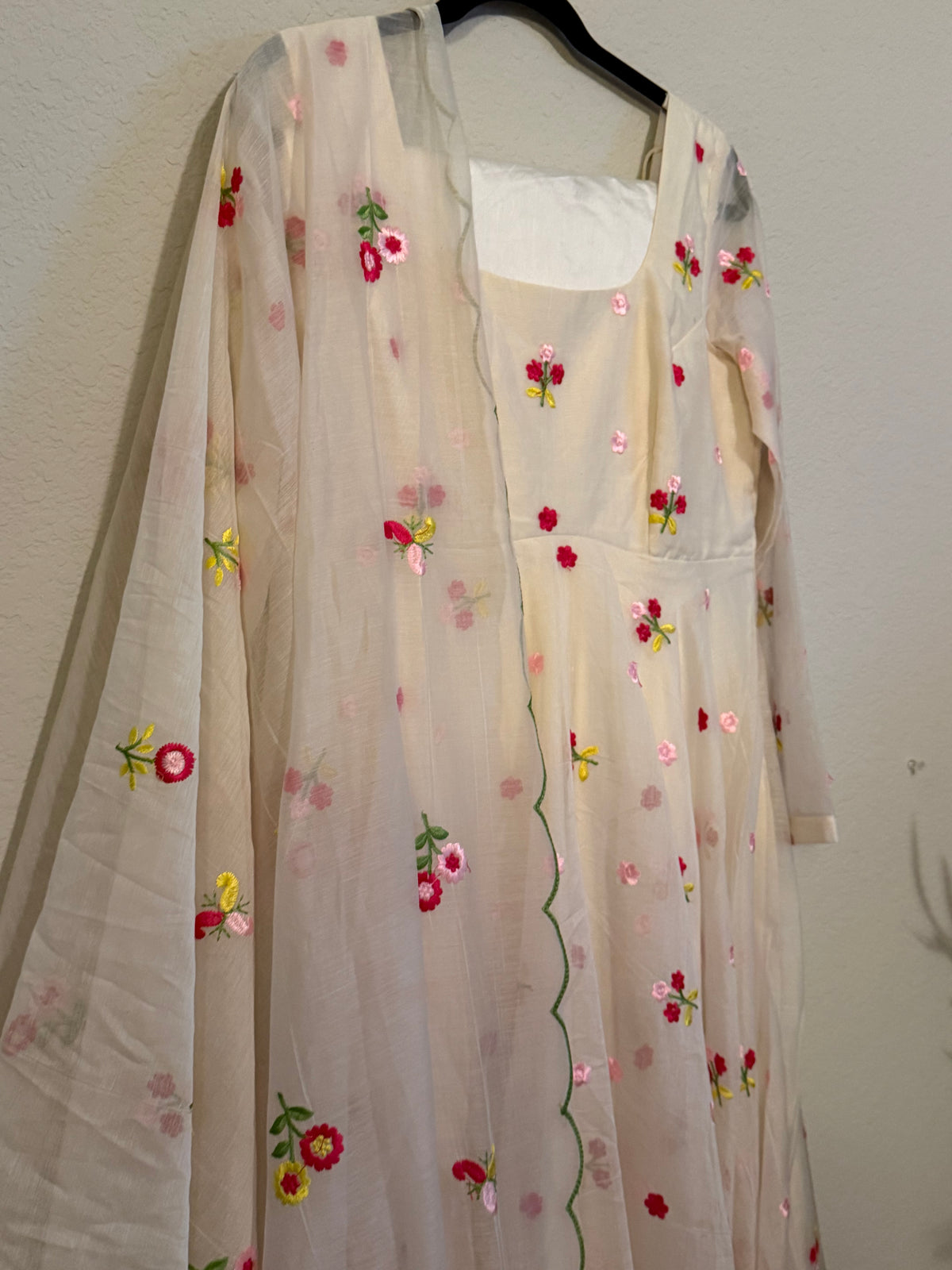 Ivory Shade Mul Chanderi Heavy Flared Floral Anarkali Set - Top, Pant and Dupatta