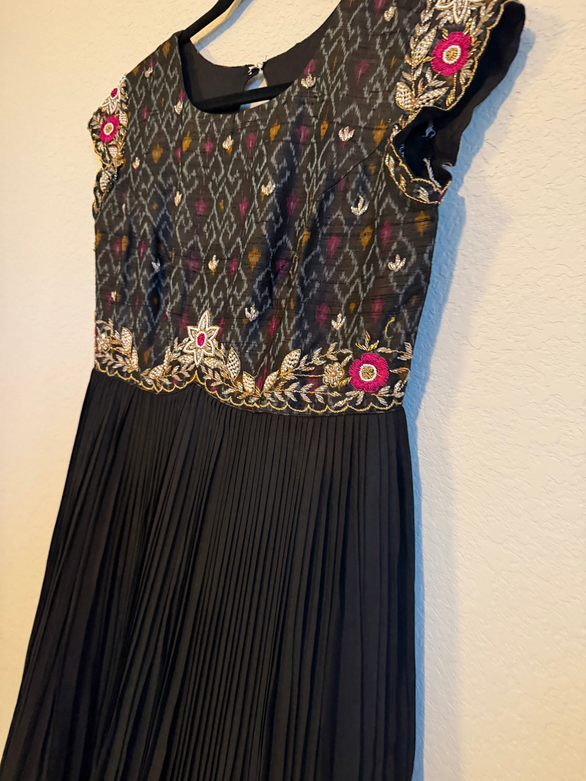 Black Raw Silk Ikkath Maggam Work Designer Long Dress with Short Sleeve