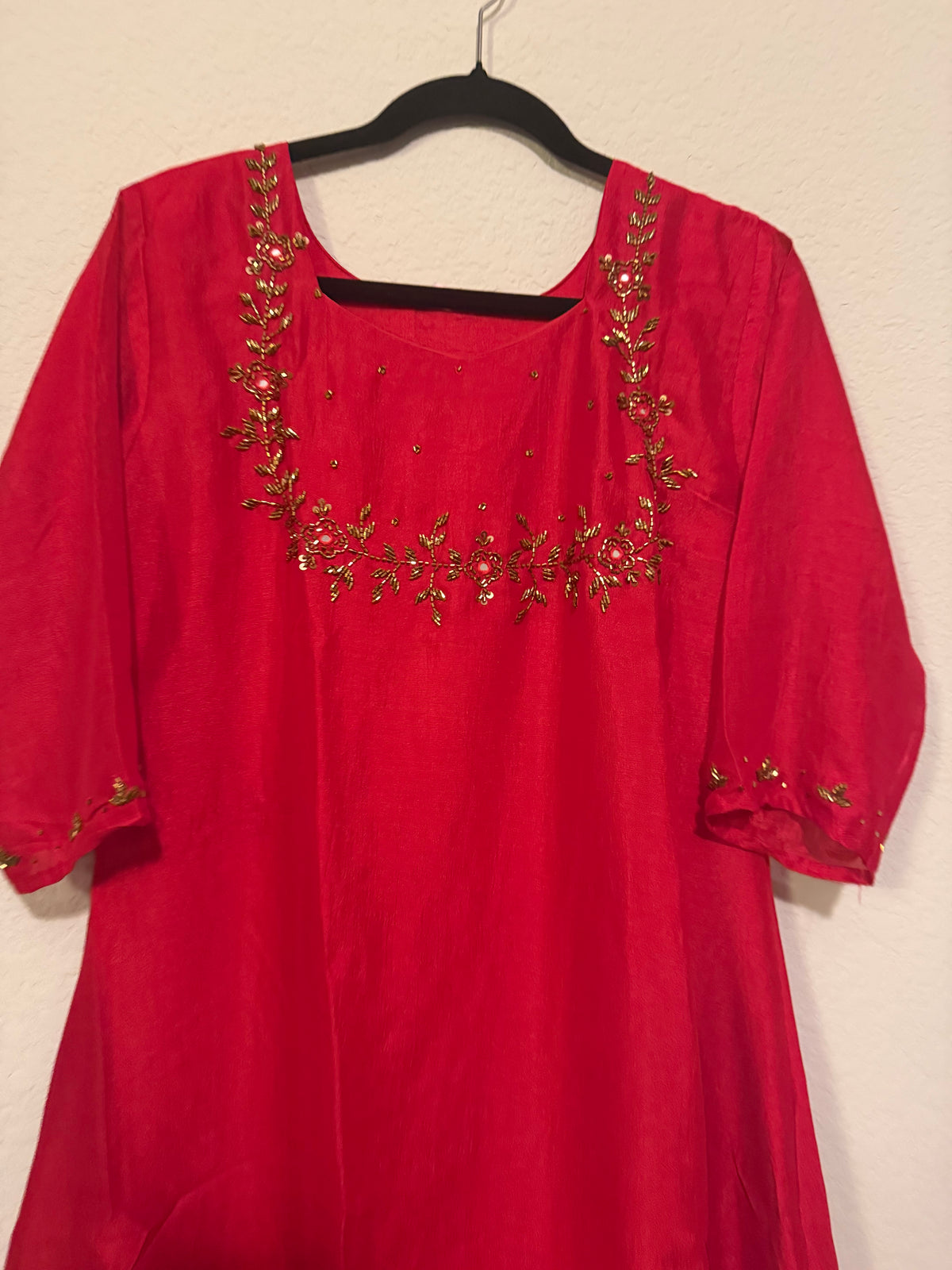Red Vichitra Silk A-line Handwork Festive Kurti